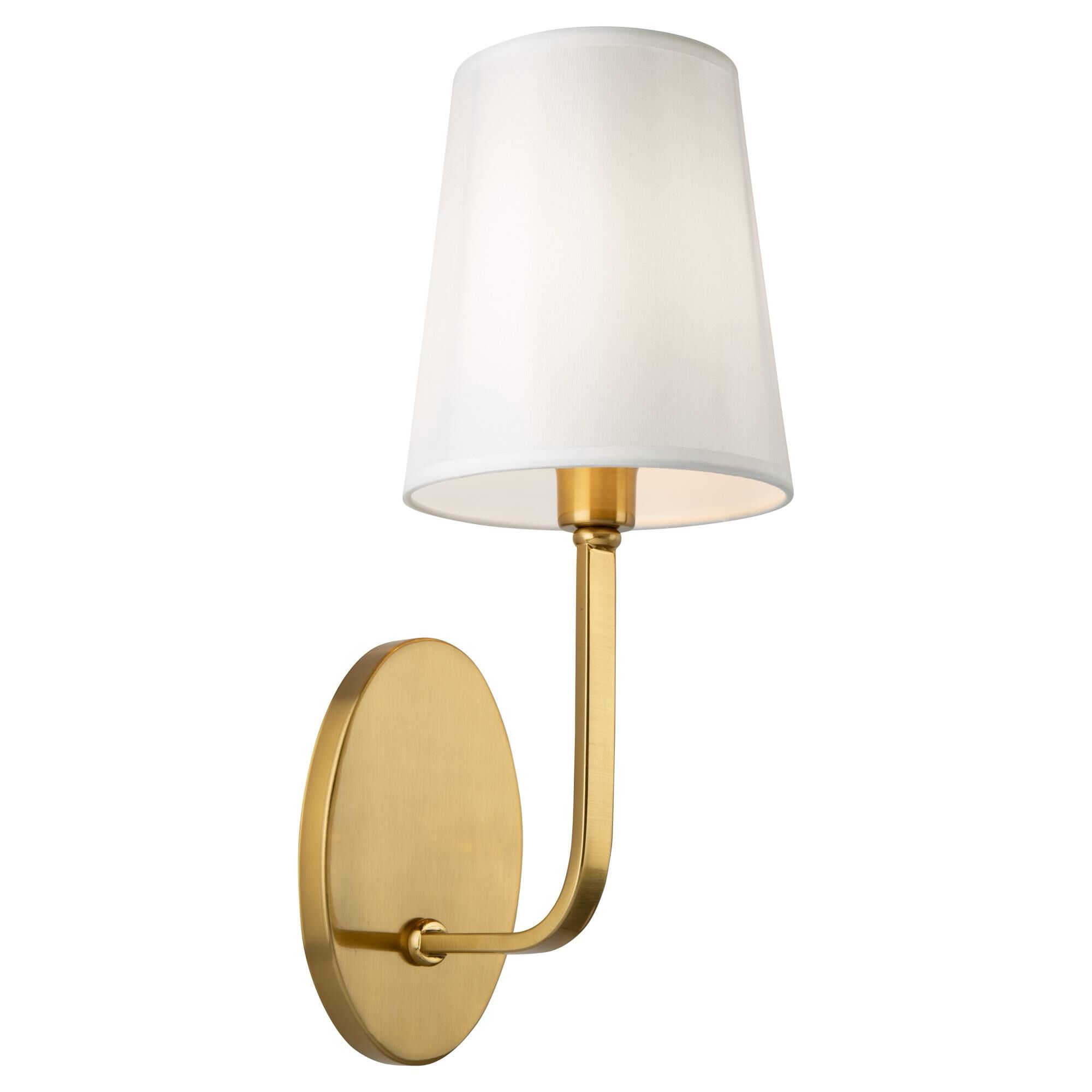 Shown in Brushed Gold finish and White Linen shade