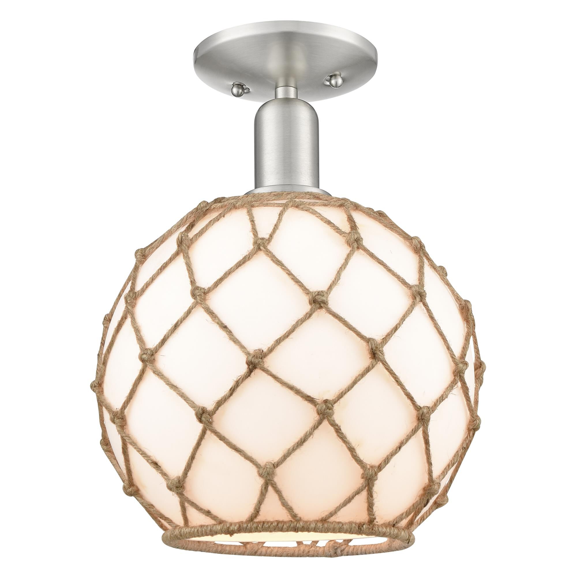 Shown in Brushed Satin Nickel finish and White with Brown Rope glass
