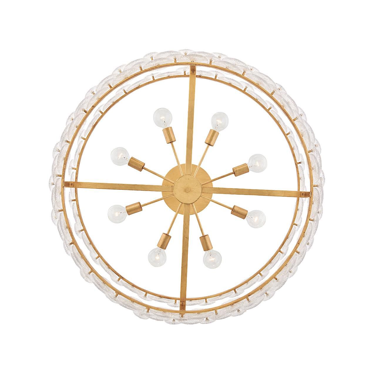 Shown in Distressed Brass finish and Clear Pressed glass