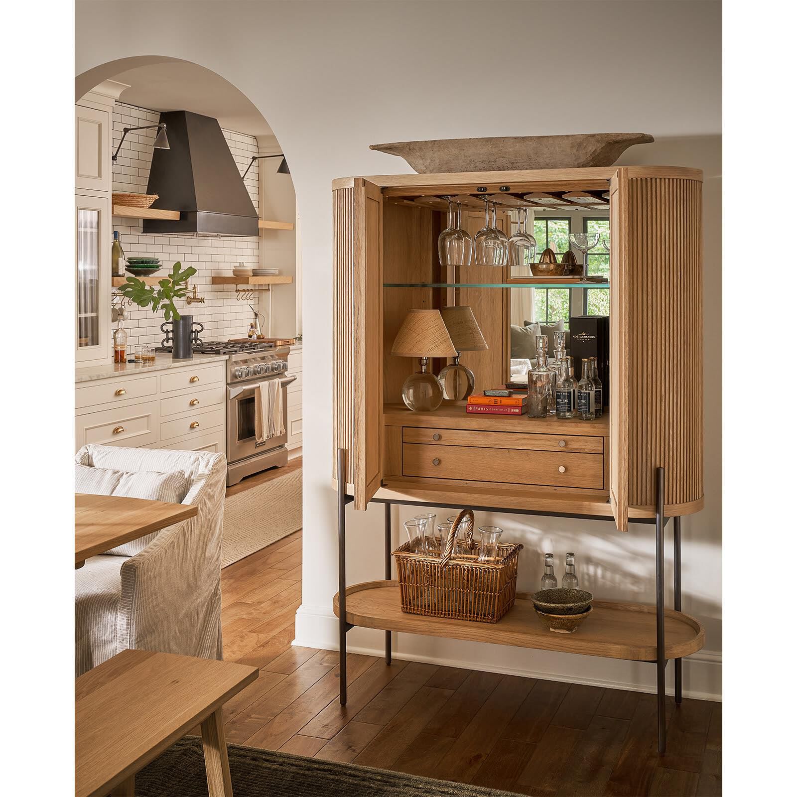 Shown in Clear finish and Rattan shade