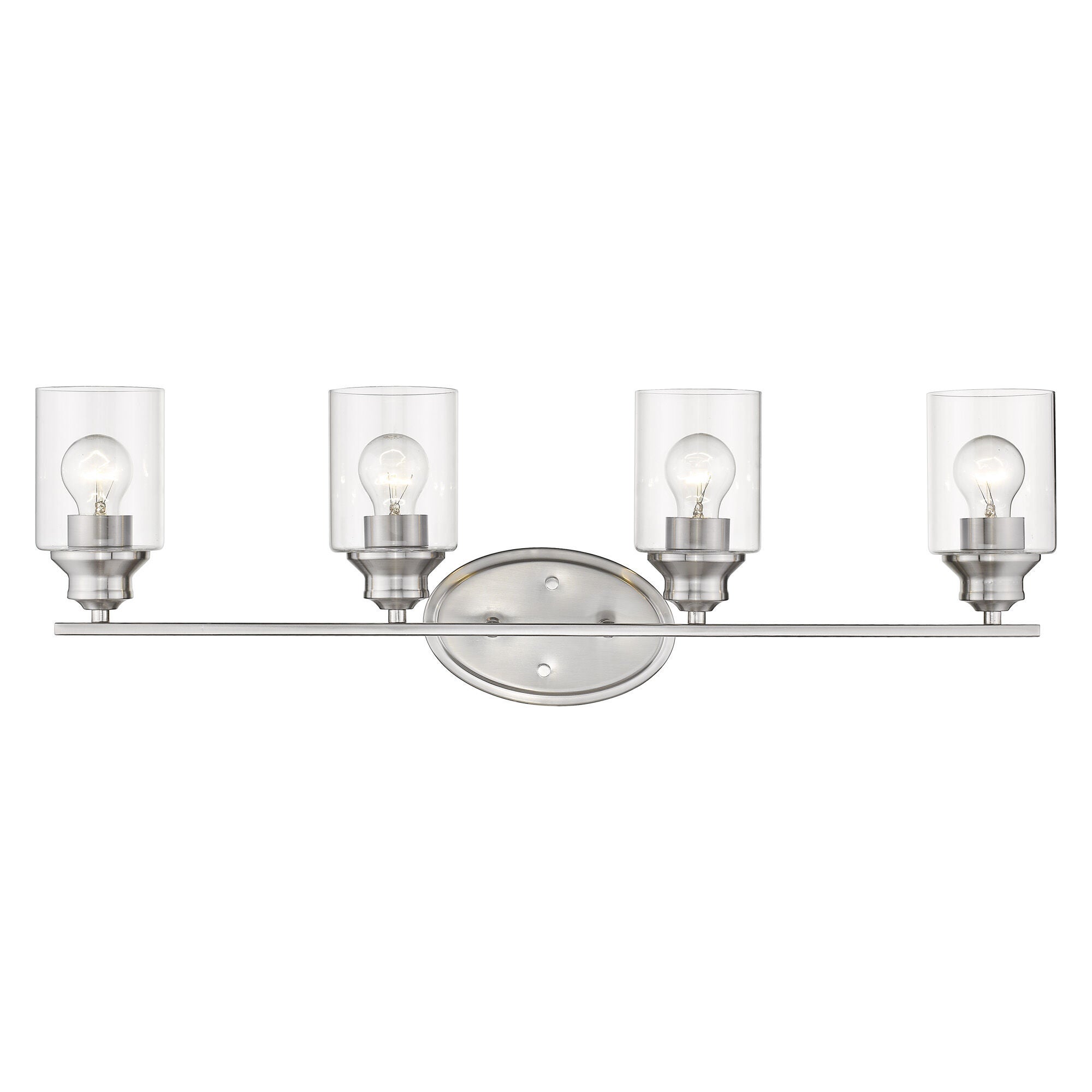 Shown in Satin Nickel finish and Clear glass and Clear, Cylindrical Glass s shade
