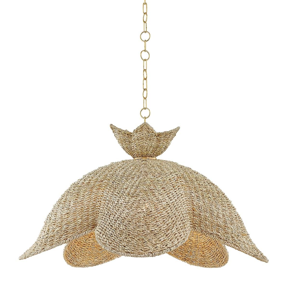 Shown in Aged Brass finish and Light Natural Wicker shade