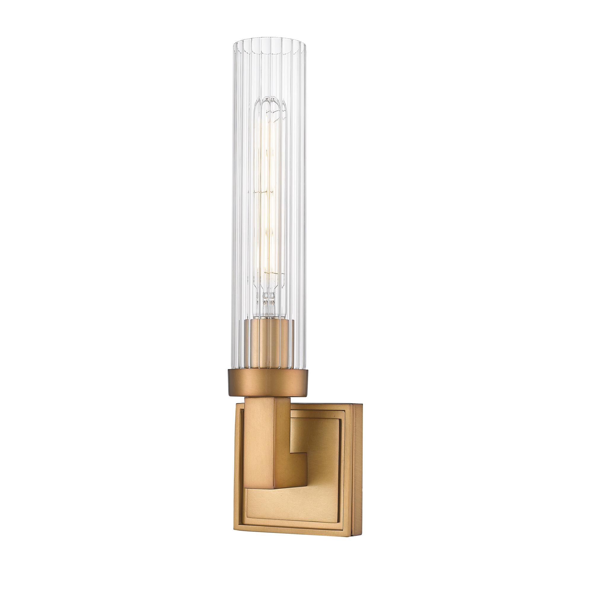 Shown in Rubbed Brass finish and Clear Ribbed glass and Clear Ribbed shade