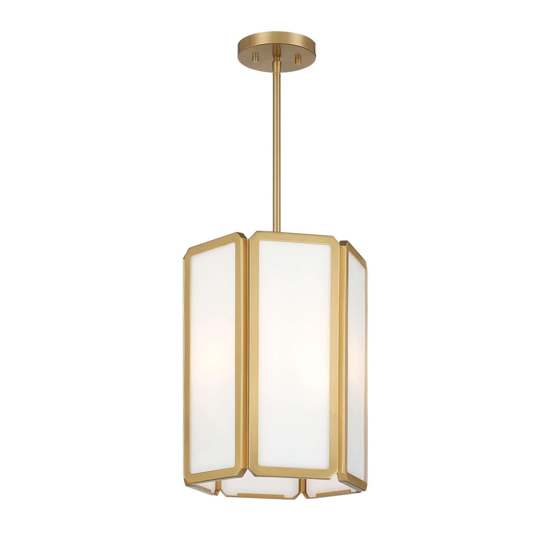 Shown in Warm Brass finish and White Opal glass