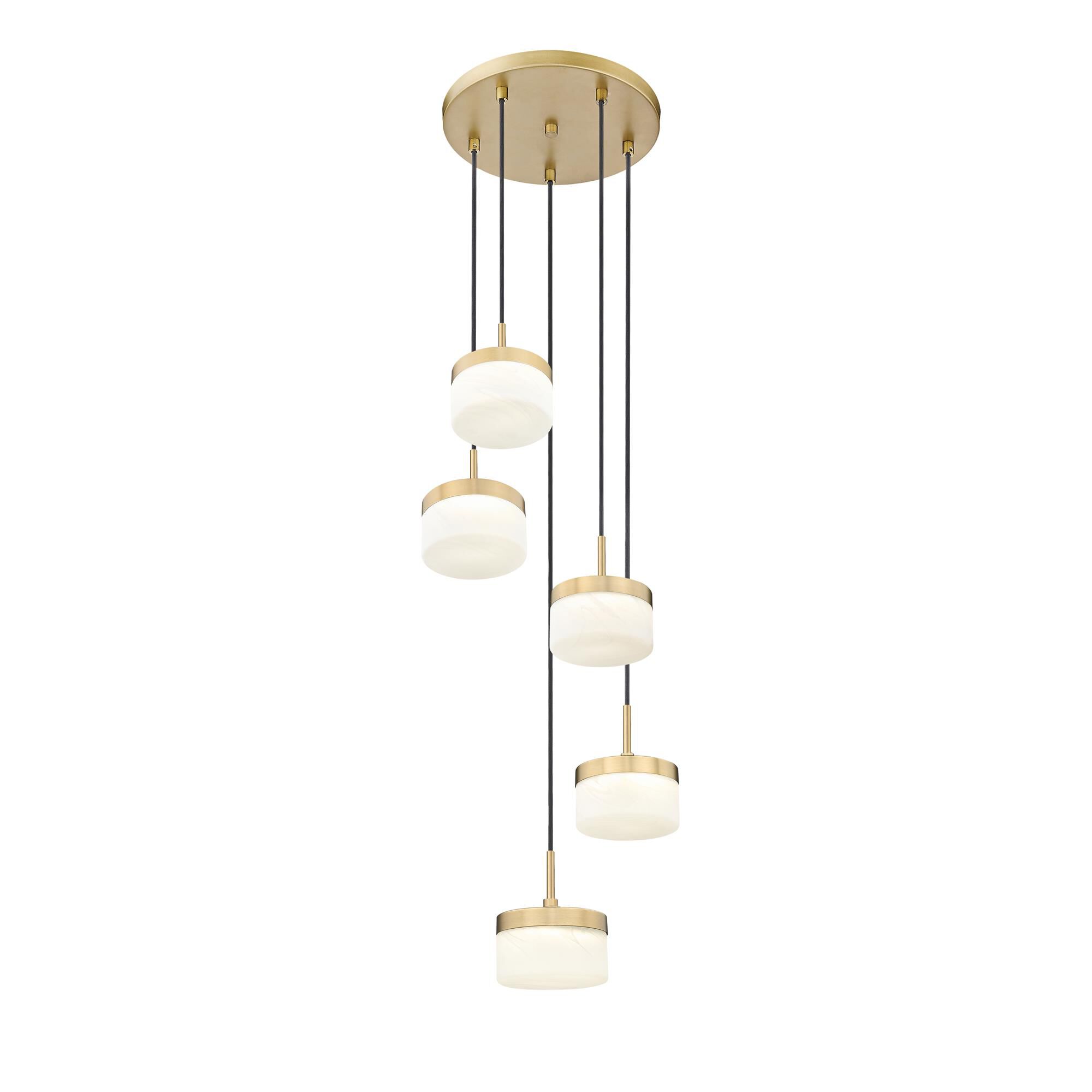Shown in Modern Gold finish and Feathered White glass