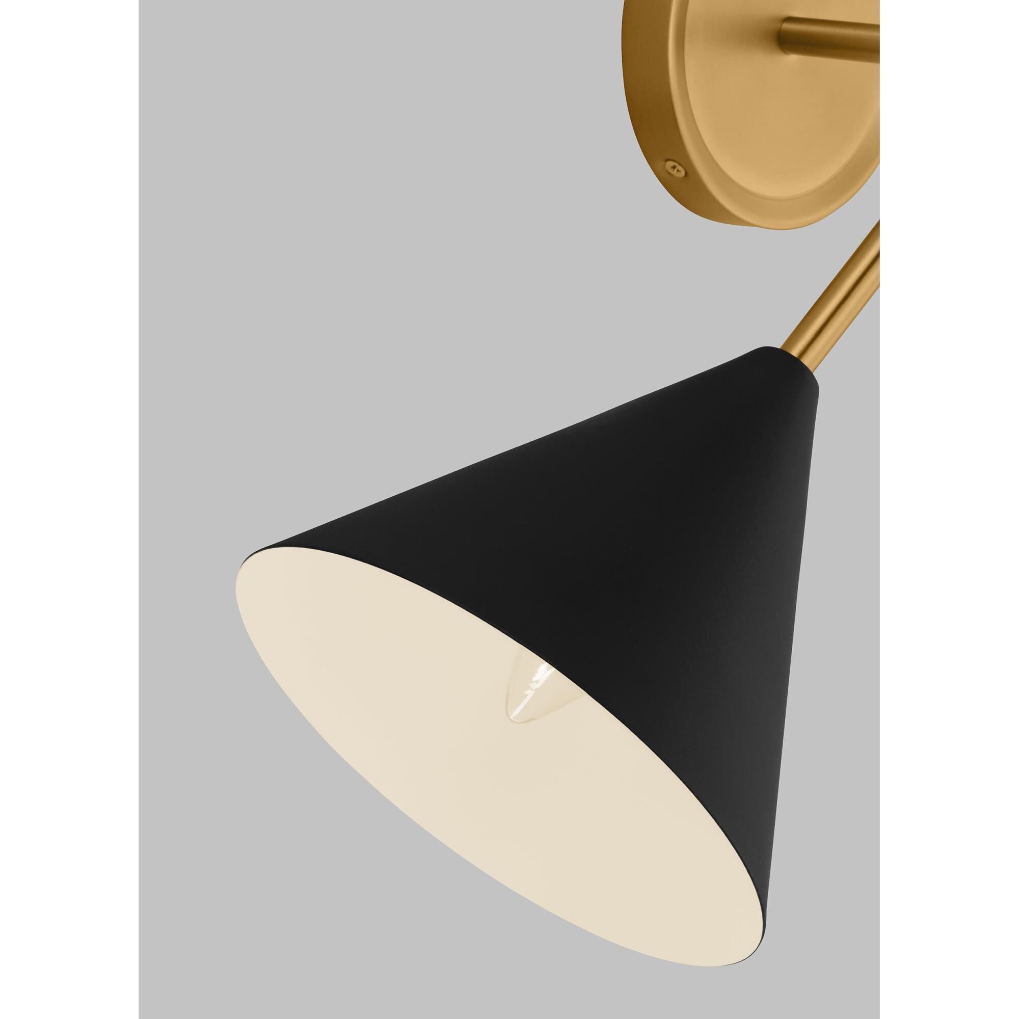 Shown in Matte White And Burnished Brass finish and Midnight BlackSteel shade