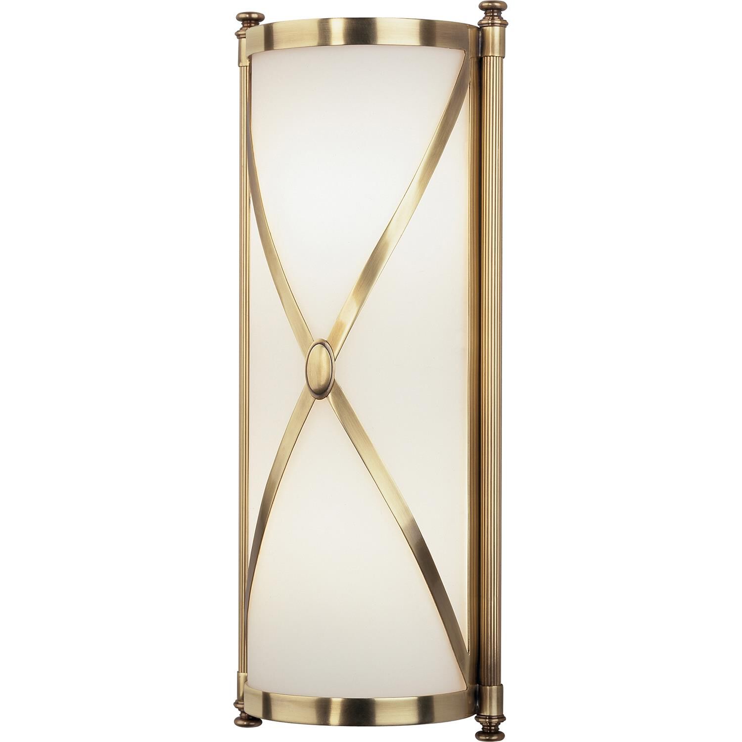 Shown in Antique Brass finish and Frosted White Cased Glass shade