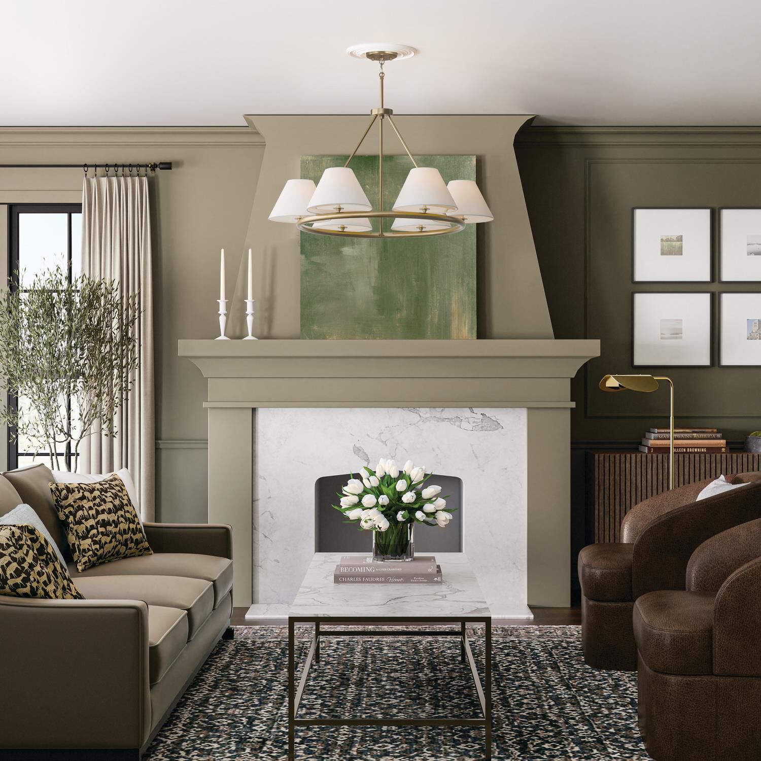 Shown in Matte Brass finish and Soft White Fabric Stay-Straight shade