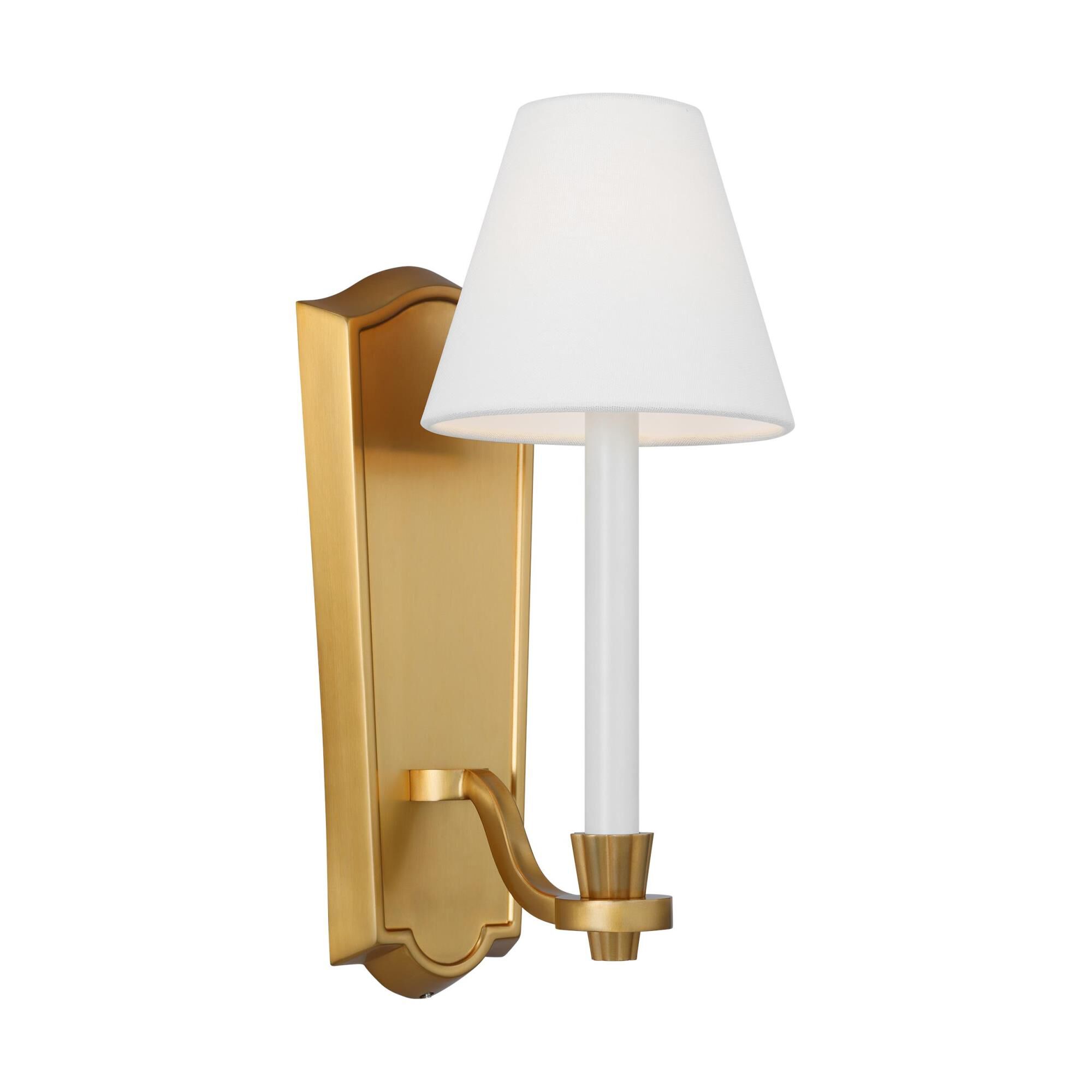 Shown in Burnished Brass finish and White Linen Fabric shade