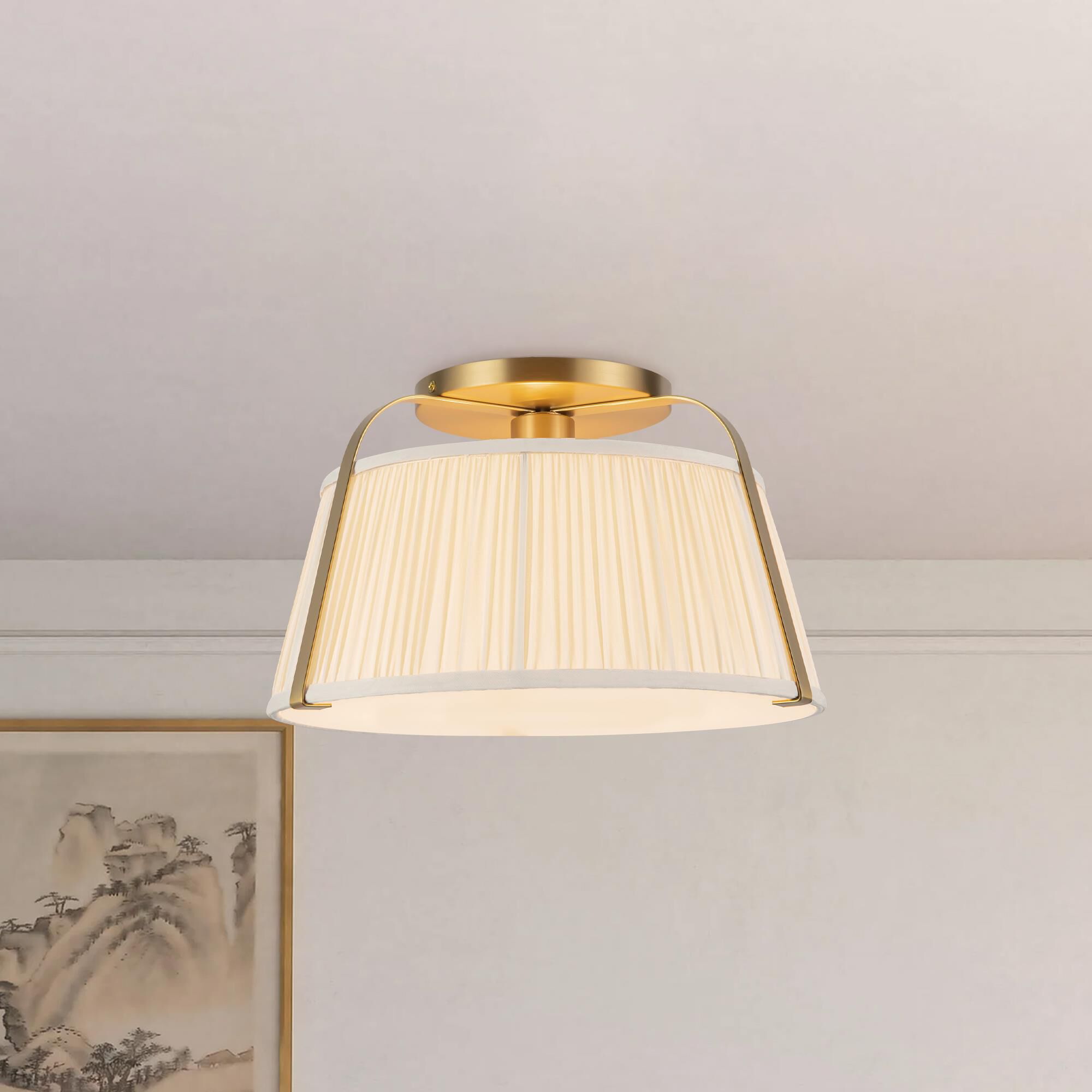 Shown in Brushed Gold finish and Frosted Polycarbonate Diffuser glass and White Linen shade