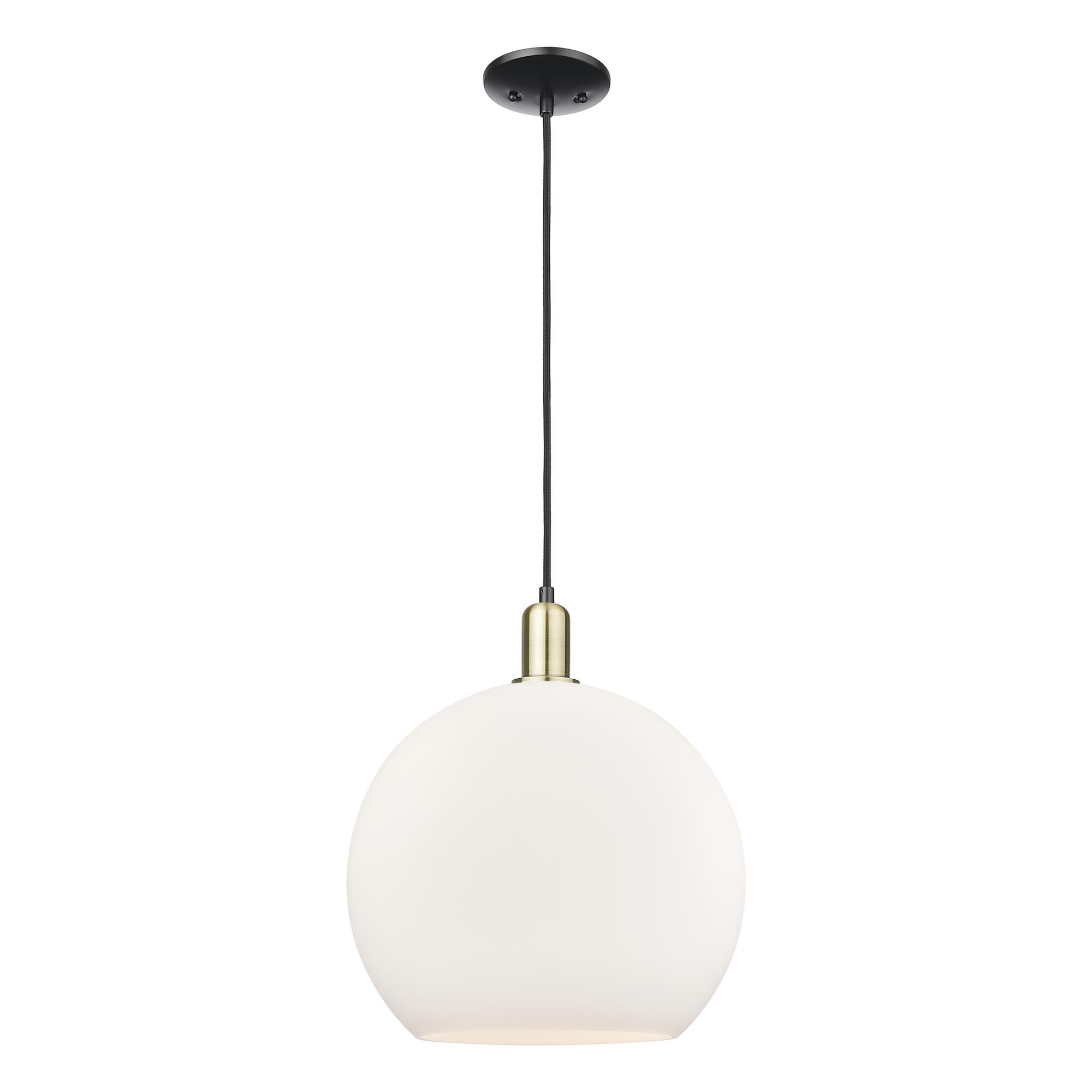 Shown in Black Antique Brass finish and Matte White glass