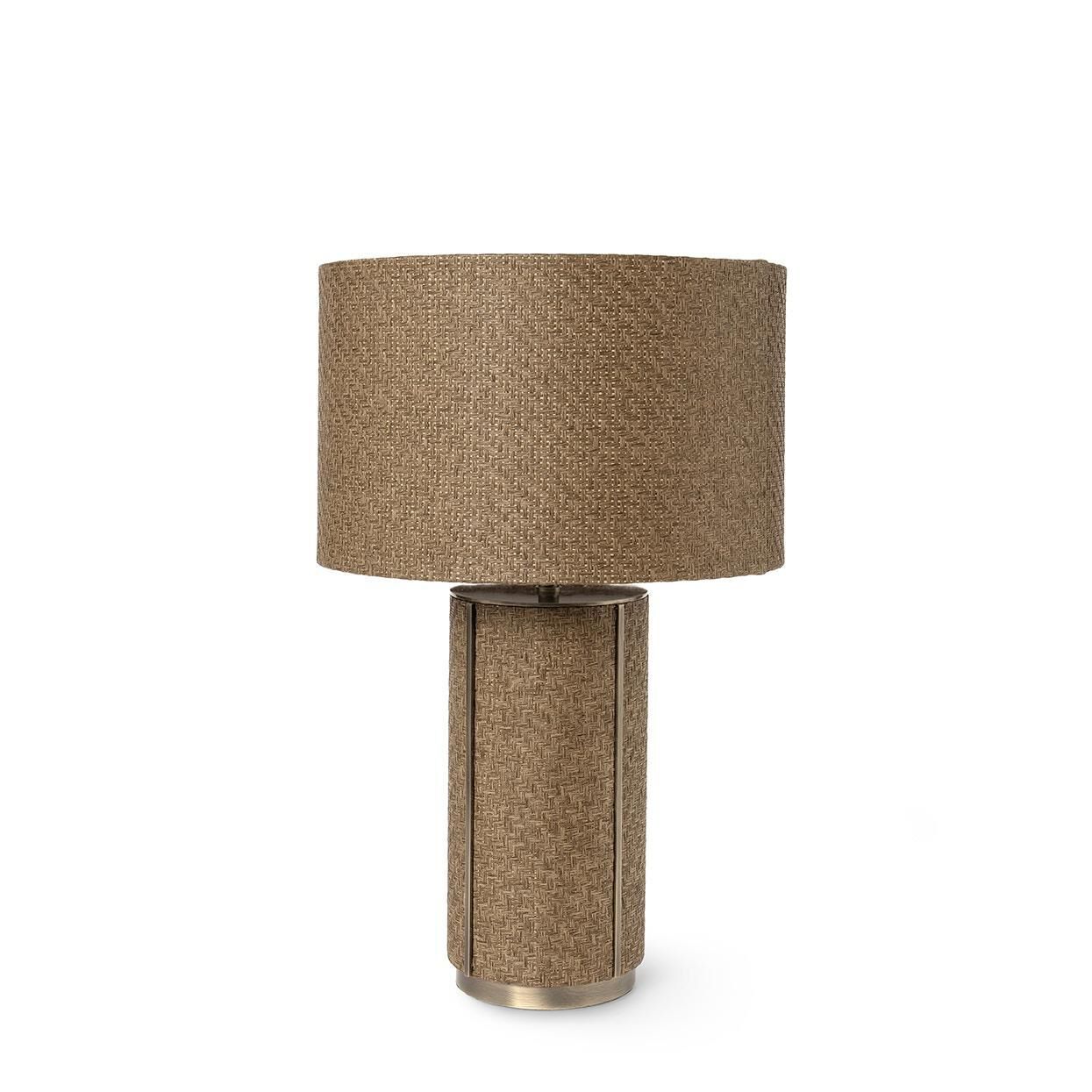 Shown in Antique Brass finish and Grasscloth shade