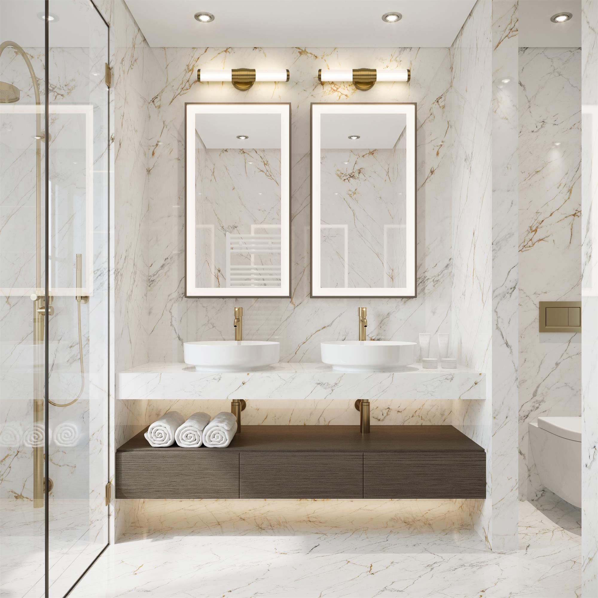 Shown in Modern Gold finish and Opal White glass and Opal White shade