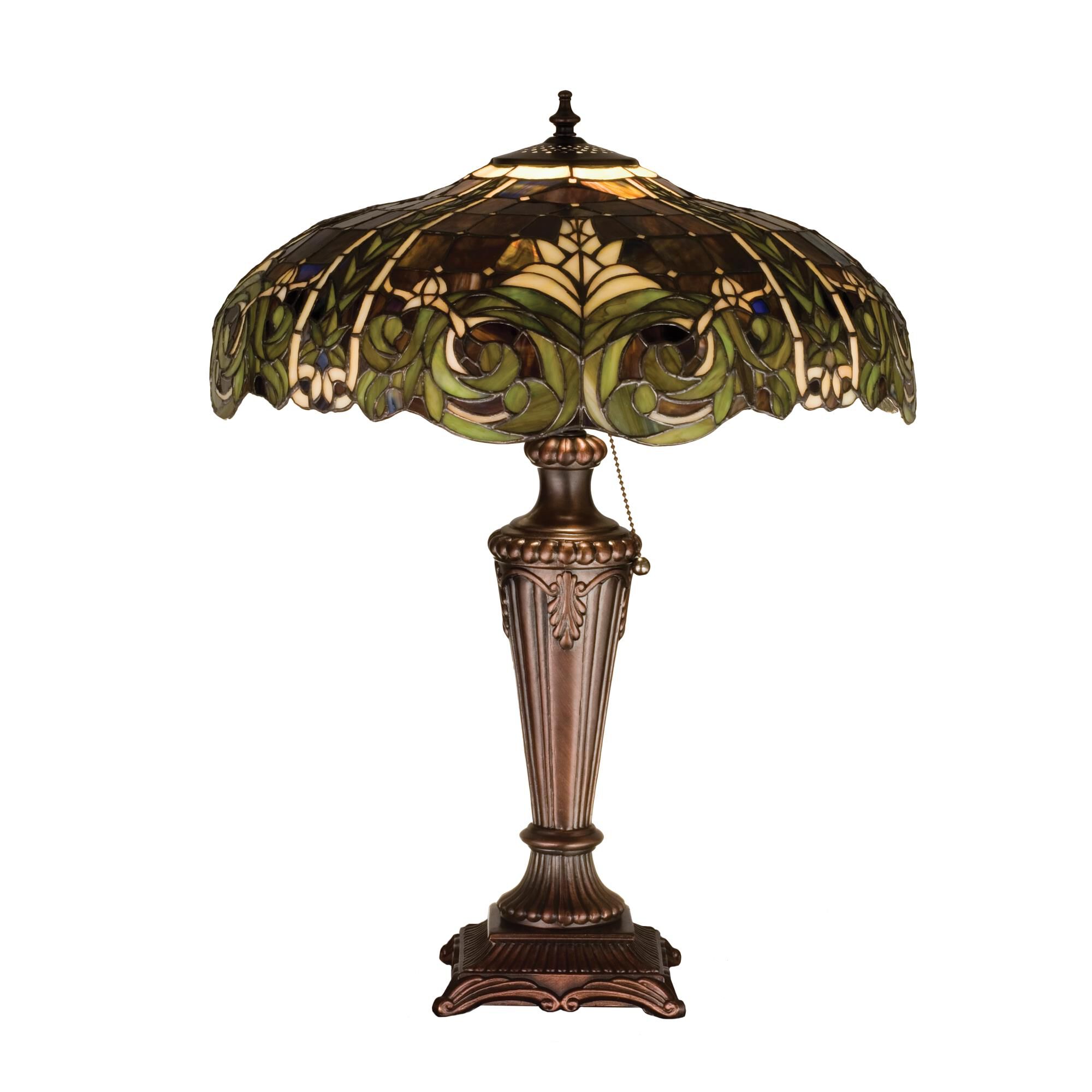 Shown in Mahogany Bronze finish and Amber Green-White glass
