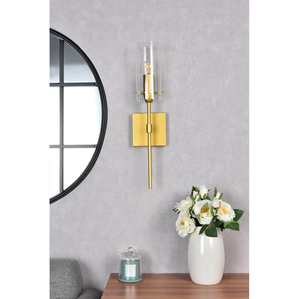 Shown in Brass finish and Clear glass