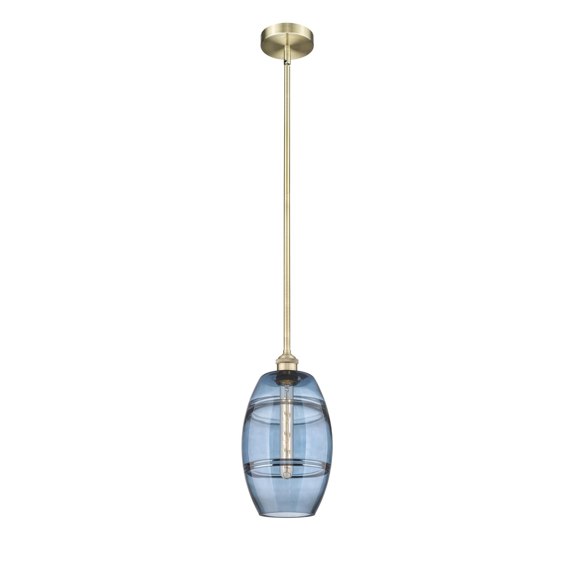 Shown in Antique Brass finish and Princess Blue glass