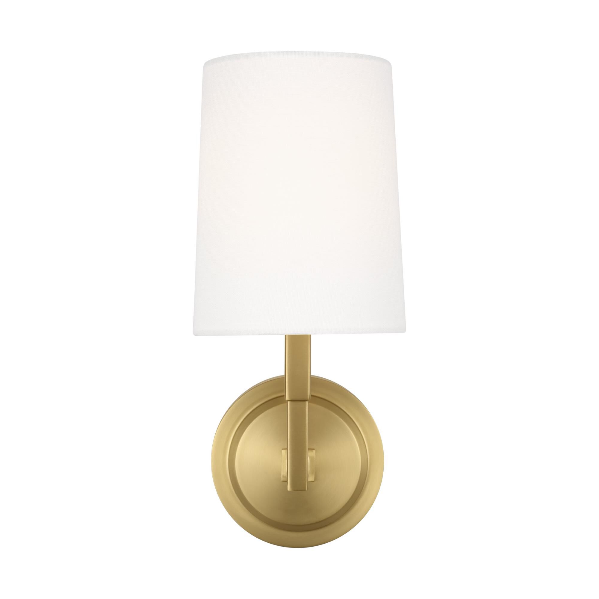 Shown in Burnished Brass finish and White Linen shade
