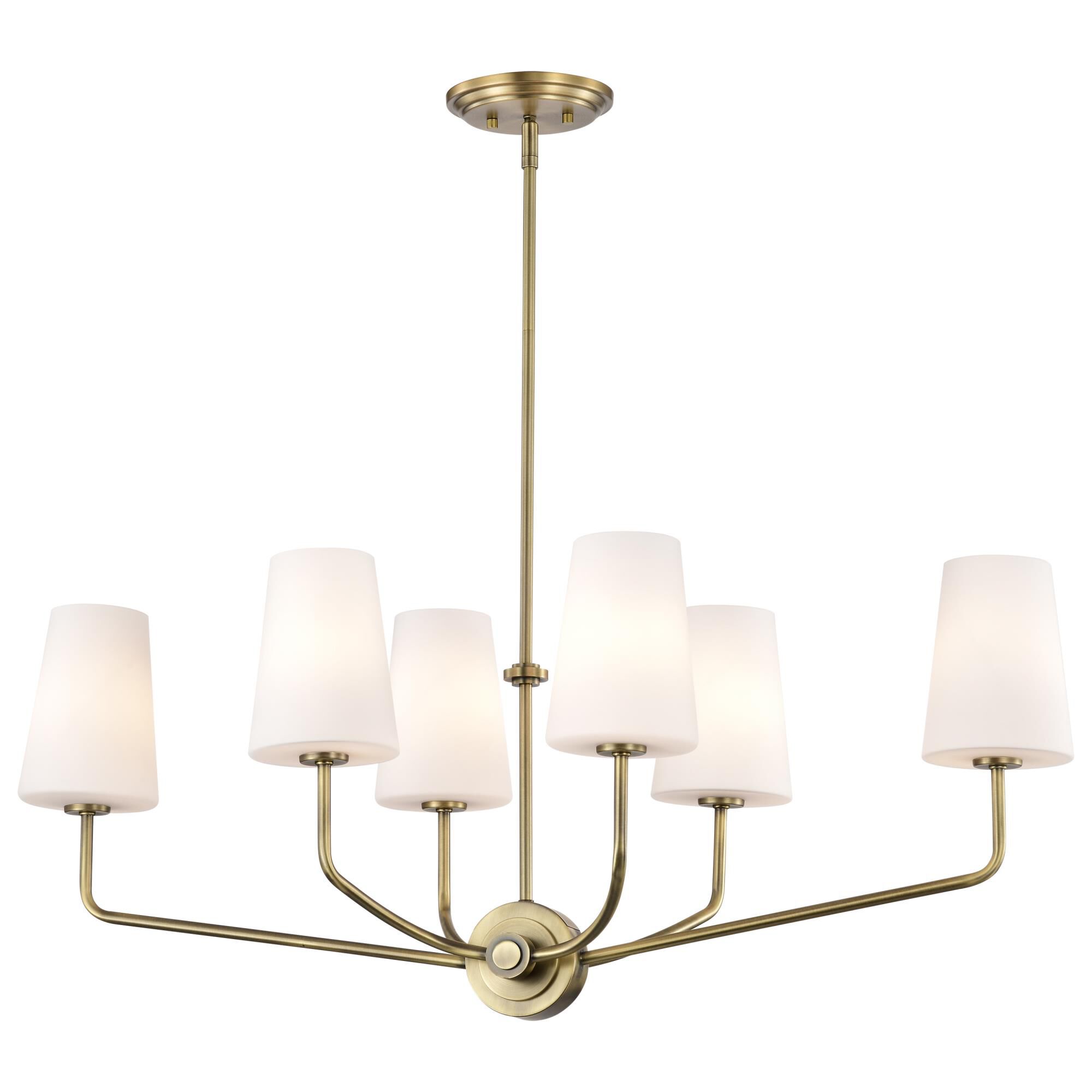 Shown in Vintage Brass finish and Etched White Opal glass and Etched Opal shade