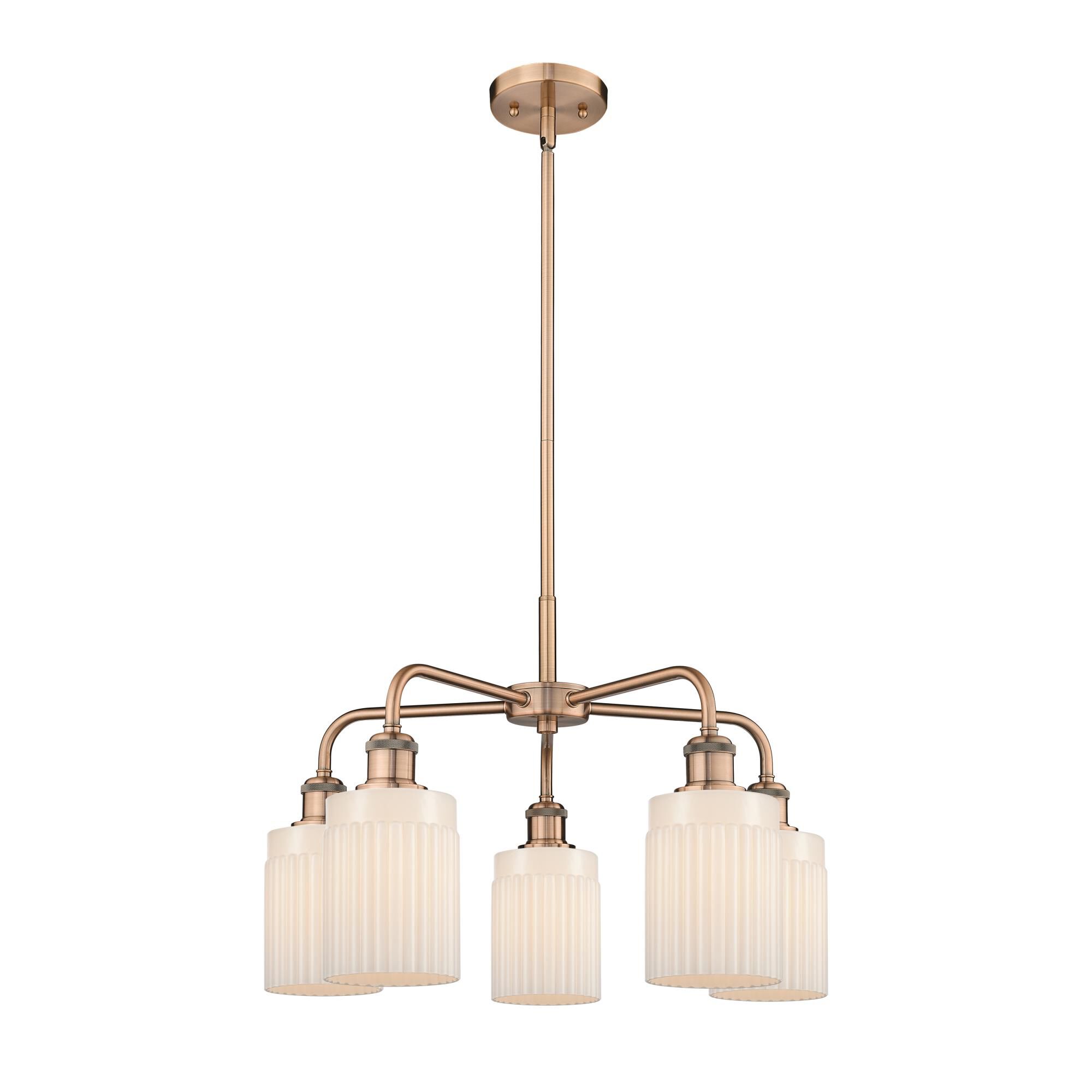 Shown in Antique Copper finish and Matte White glass