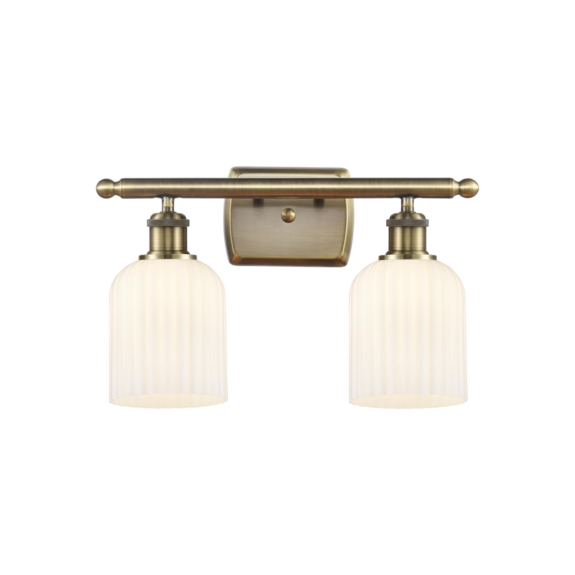 Shown in Antique Brass finish and Gloss White shade