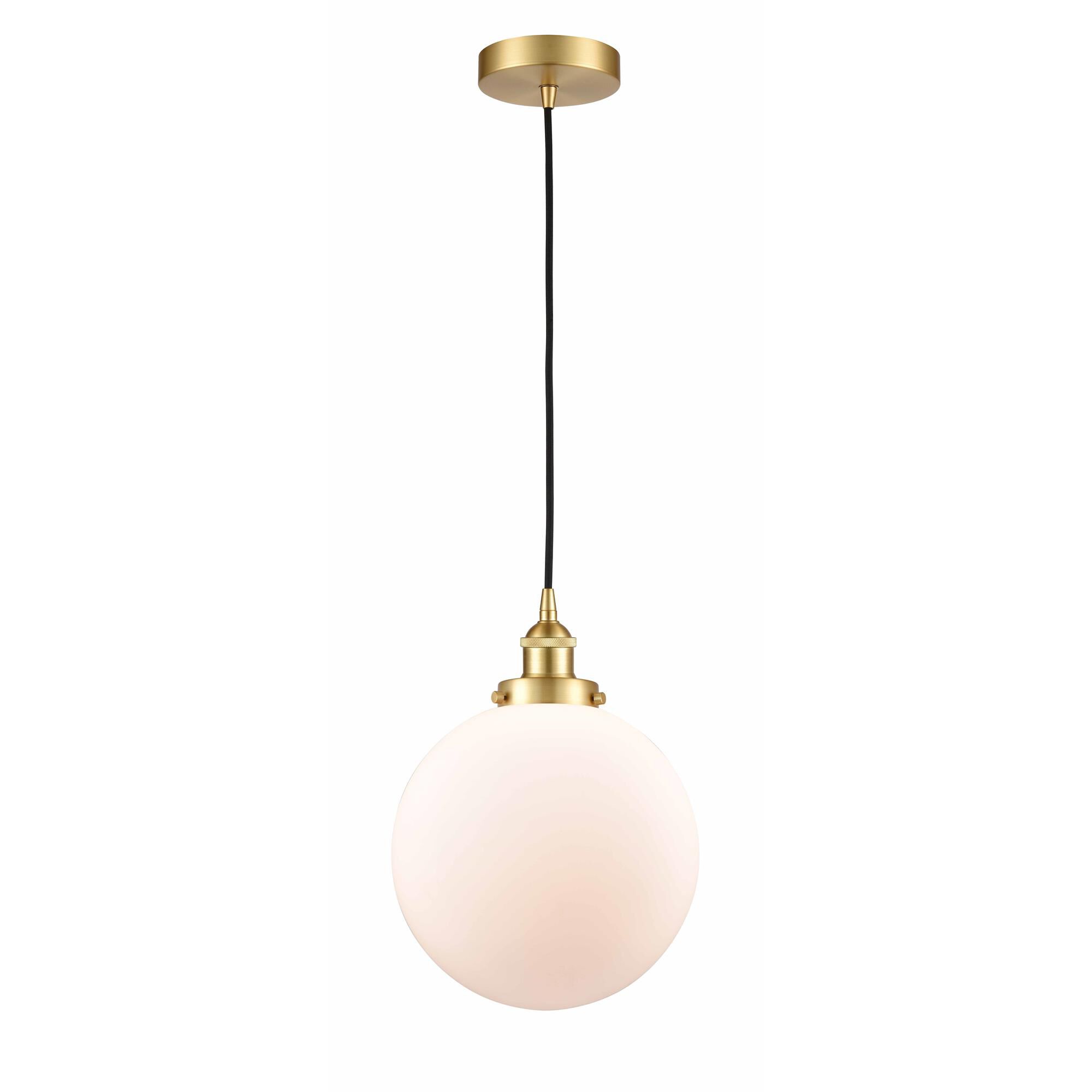 Shown in Satin Gold finish and Matte White Cased Beacon glass