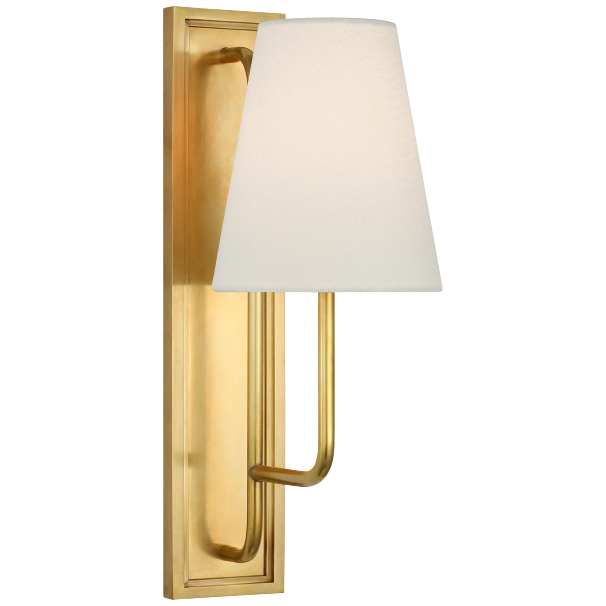 Shown in Hand-Rubbed Antique Brass finish and Linen shade