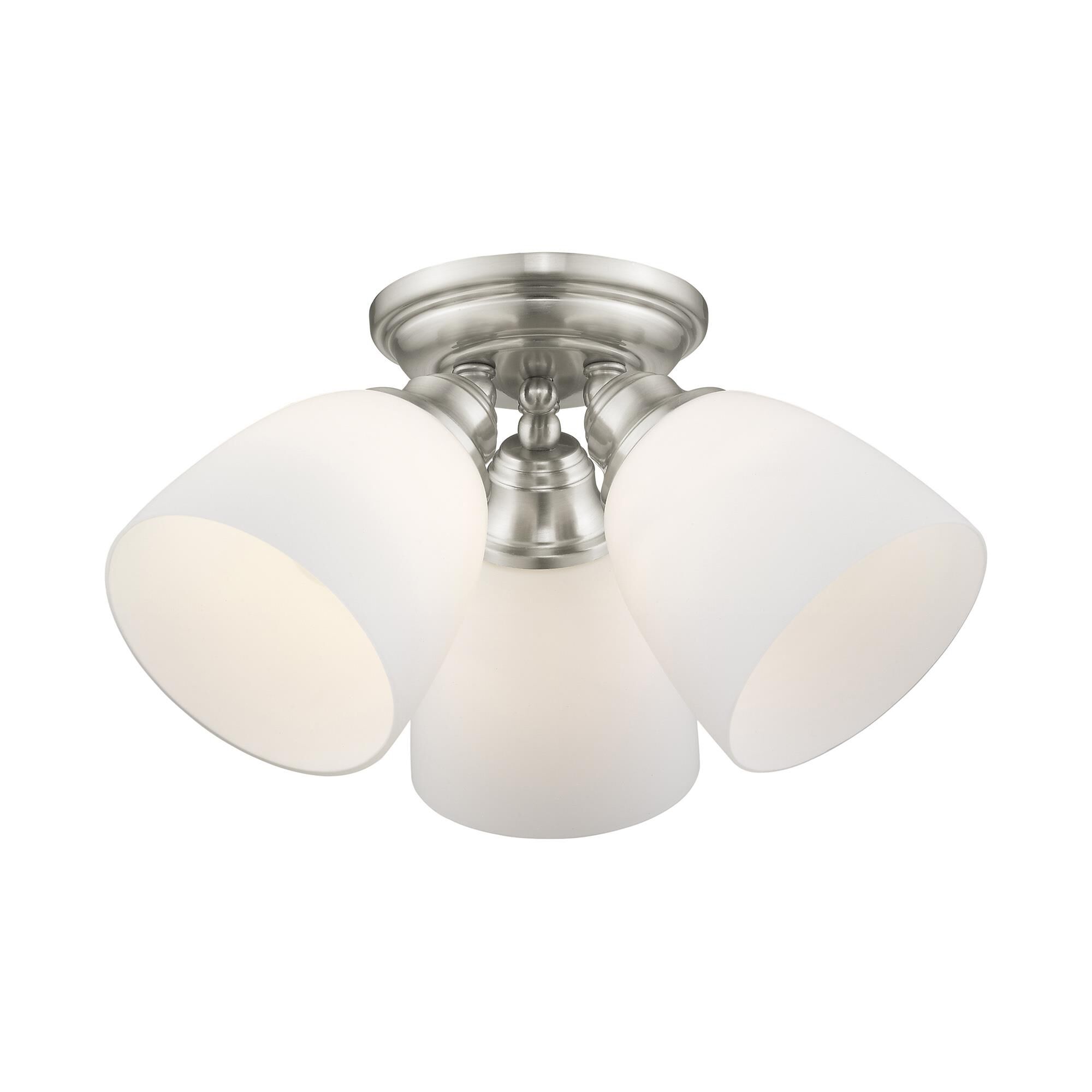 Shown in Brushed Nickel finish and Hand Blown Satin Opal White glass
