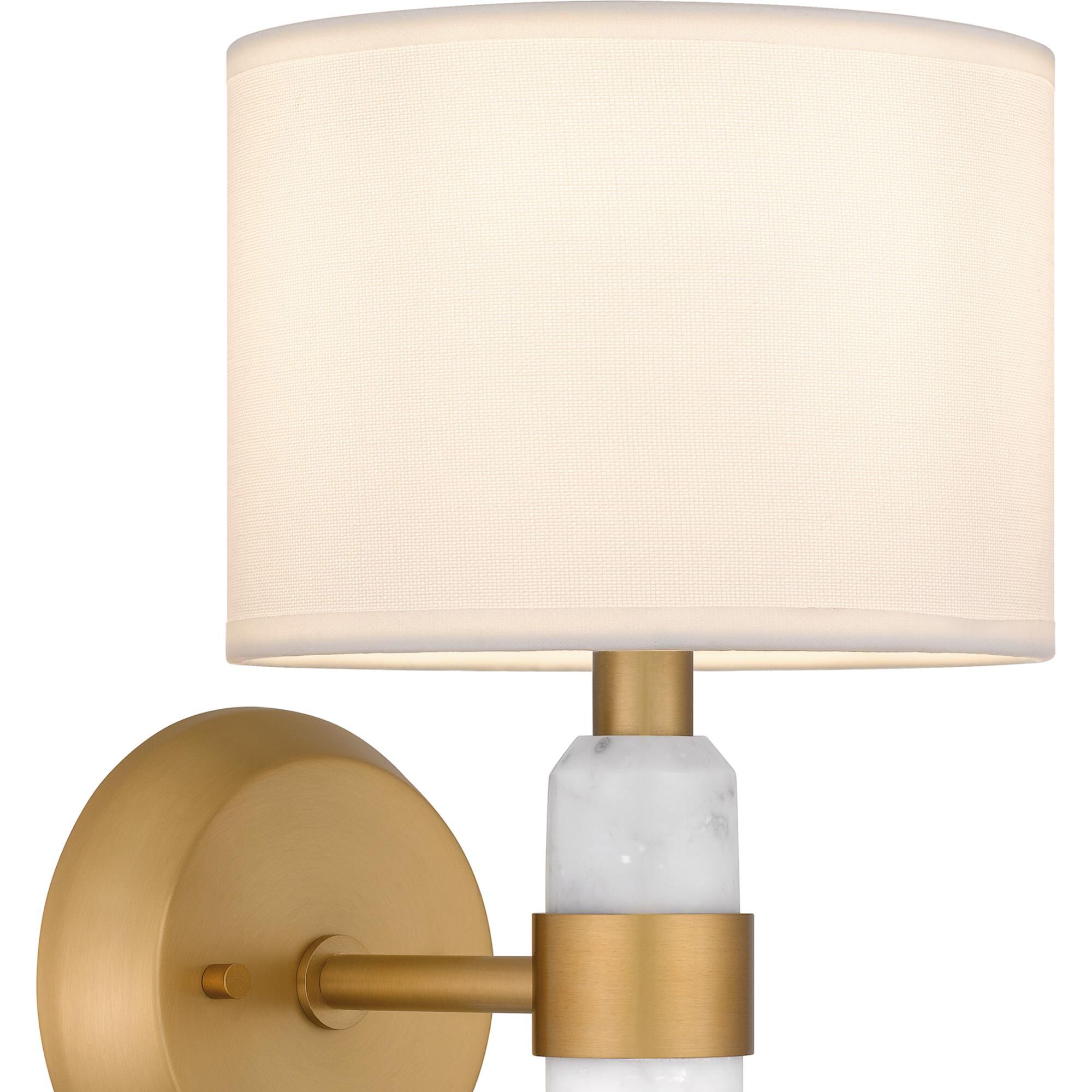 Shown in Brushed Weathered Brass finish and Egg Shell Fabric shade