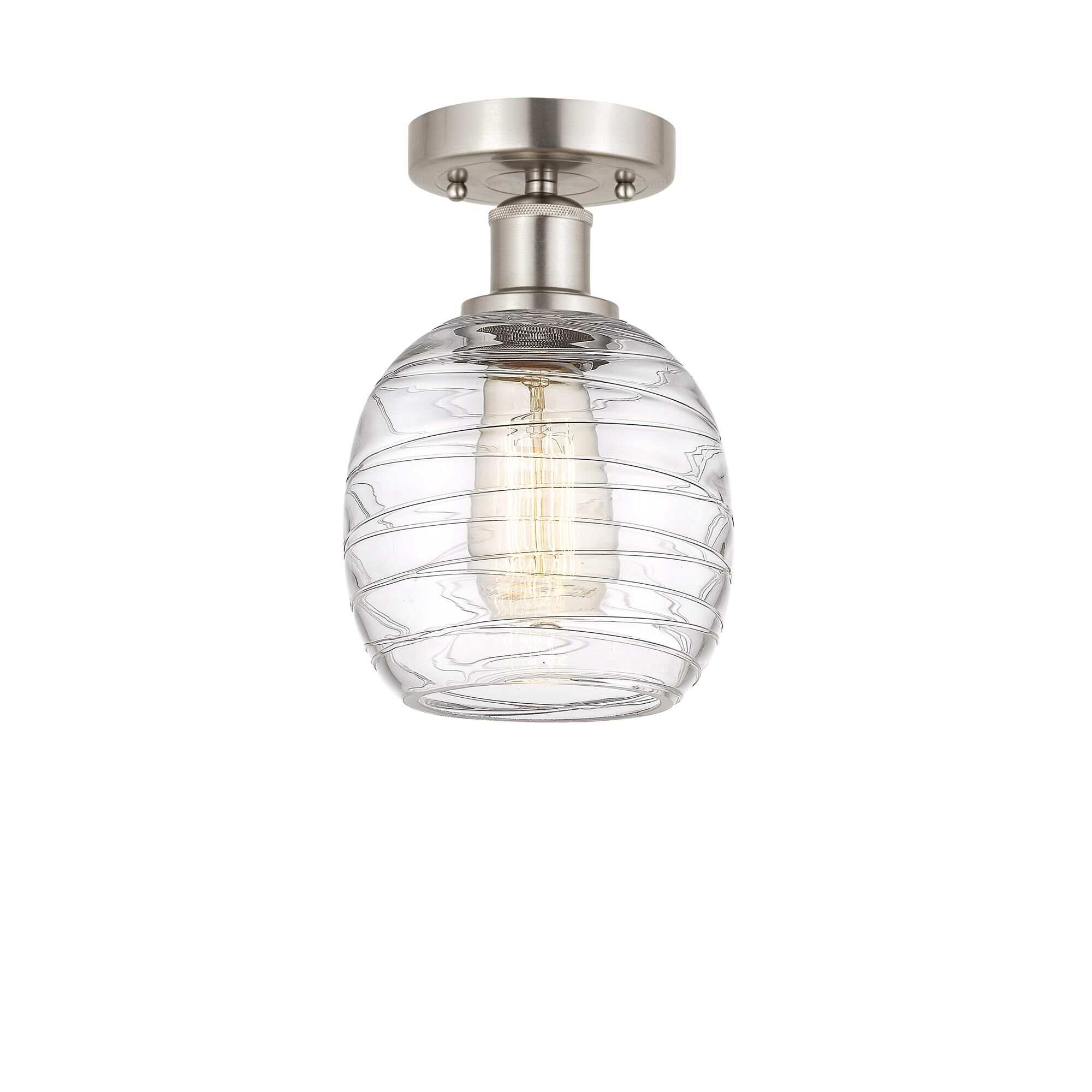 Shown in Brushed Satin Nickel finish and Deco Swirl glass