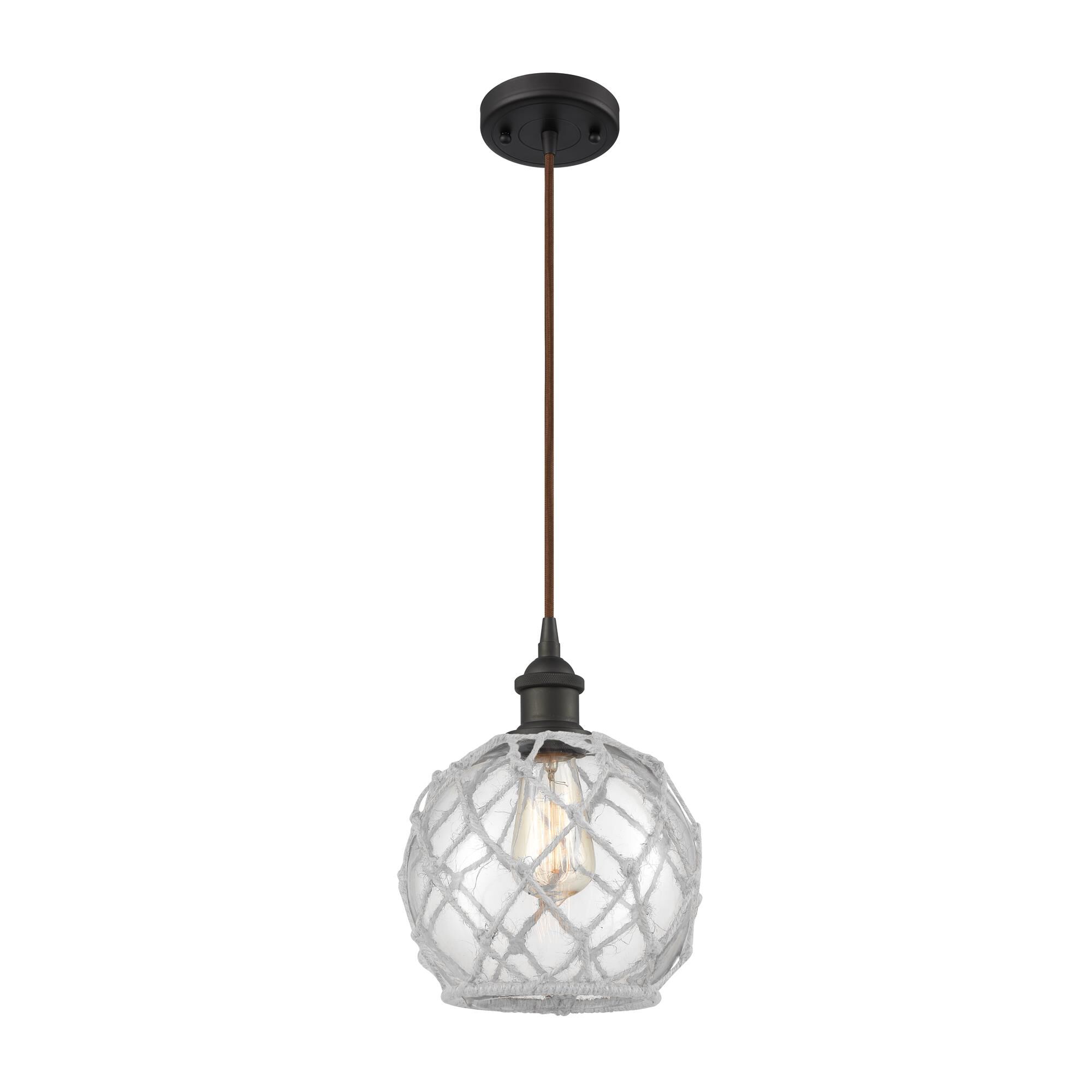 Shown in Oil Rubbed Bronze finish and Clear With White Rope glass