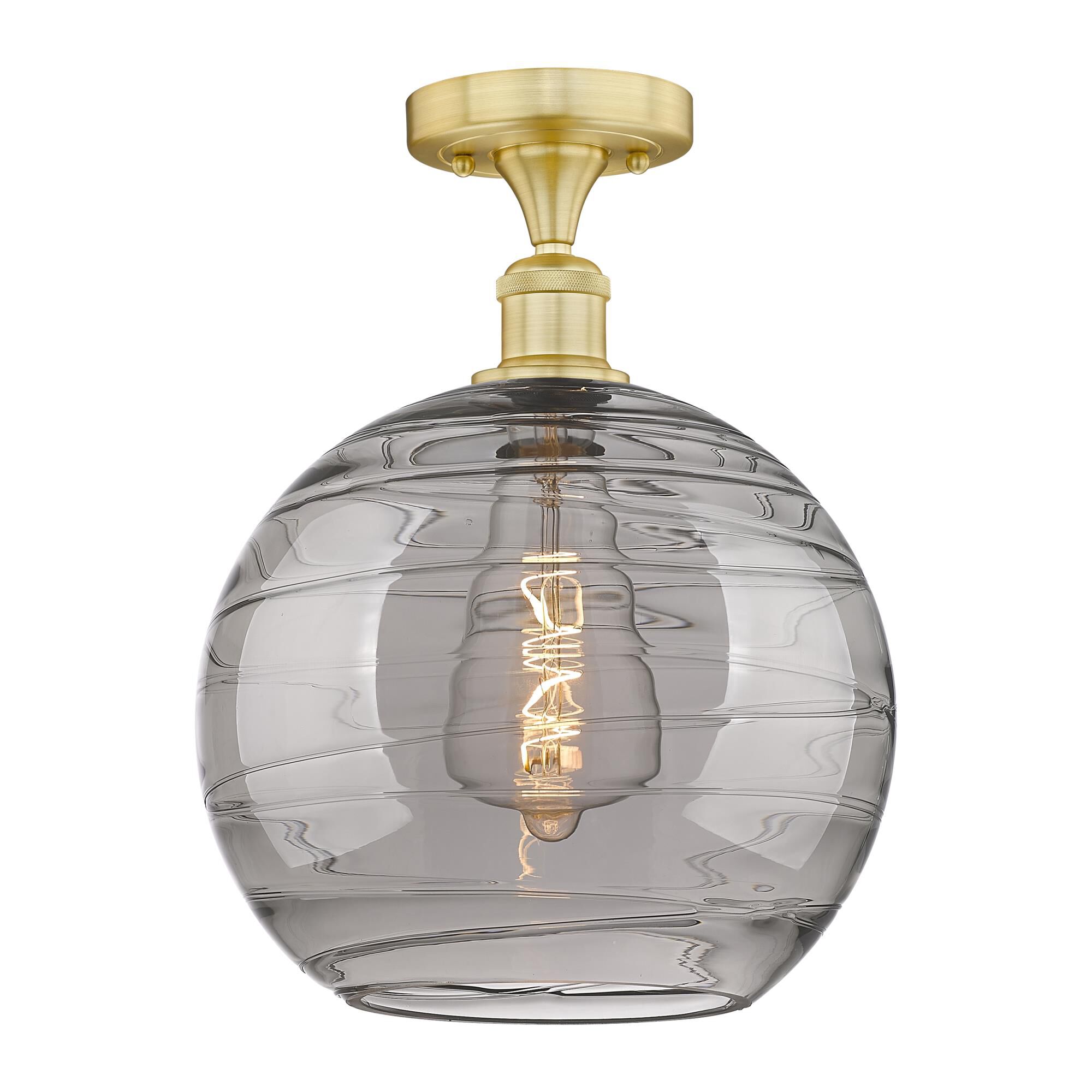 Shown in Satin Gold finish and Light Smoke Deco Swirl glass
