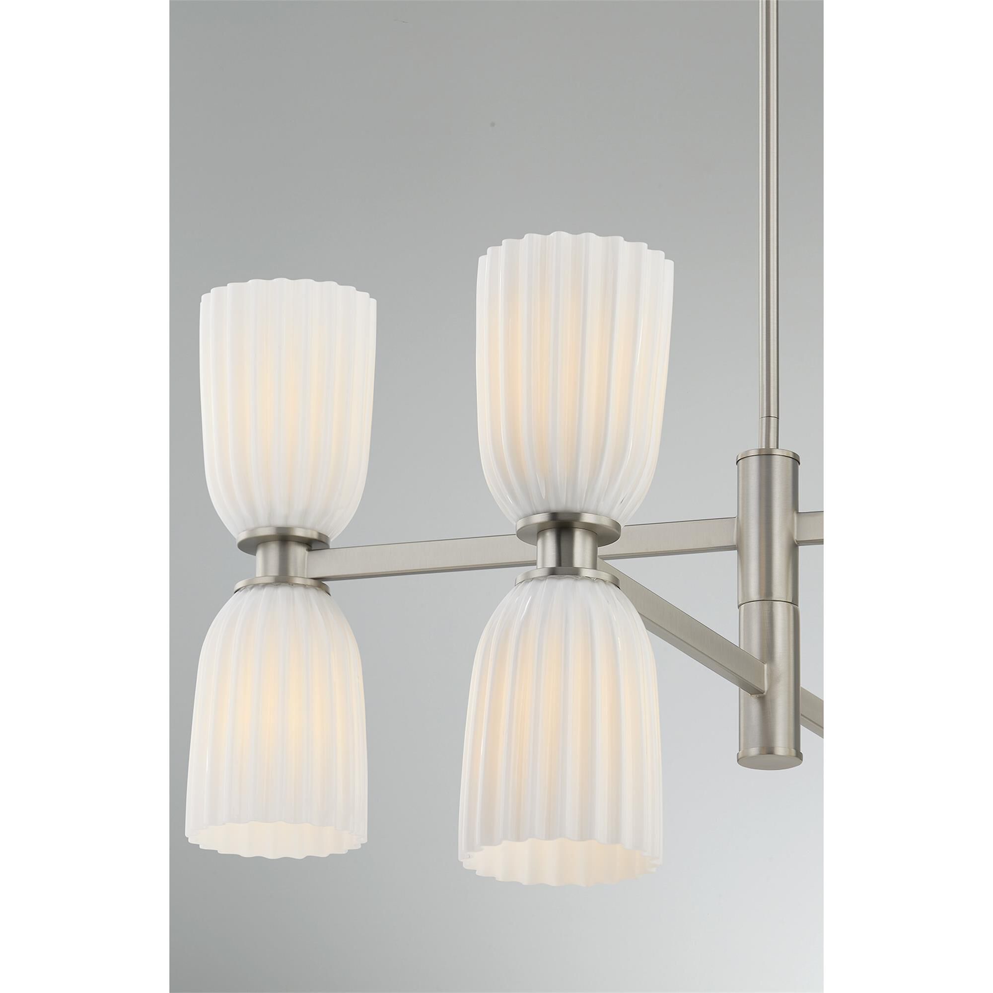 Shown in Satin Nickel finish and White Opal Ribbed glass