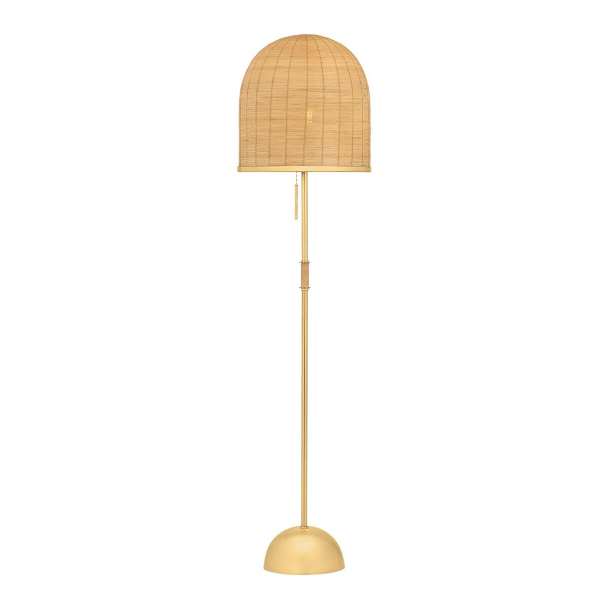 Shown in Aged Brass finish and Natural Woven Rattan shade