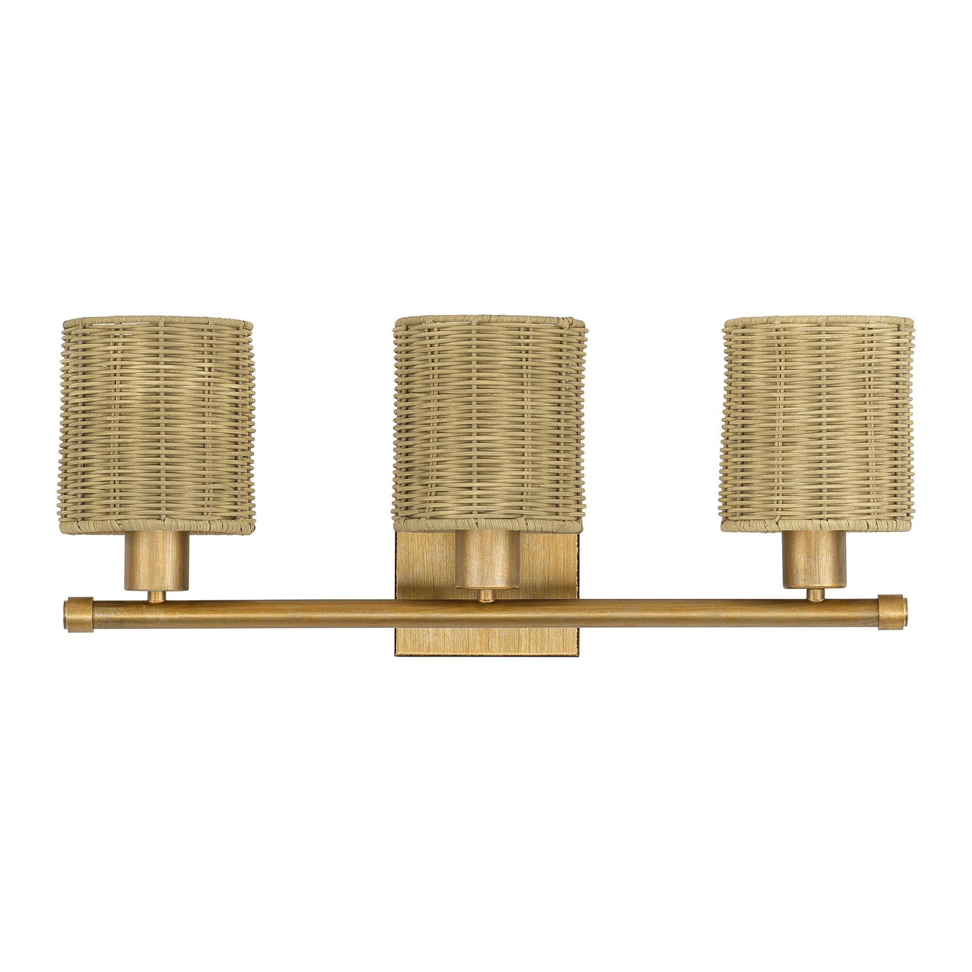 Shown in Antique Gold Leaf finish and Hand-Woven Rustic Walnut Color Rattan shade