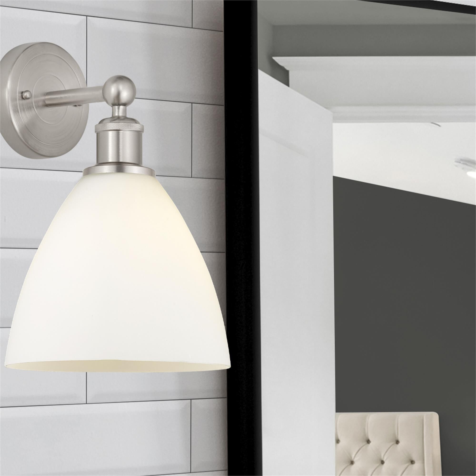Shown in Brushed Satin Nickel  finish and Matte White glass