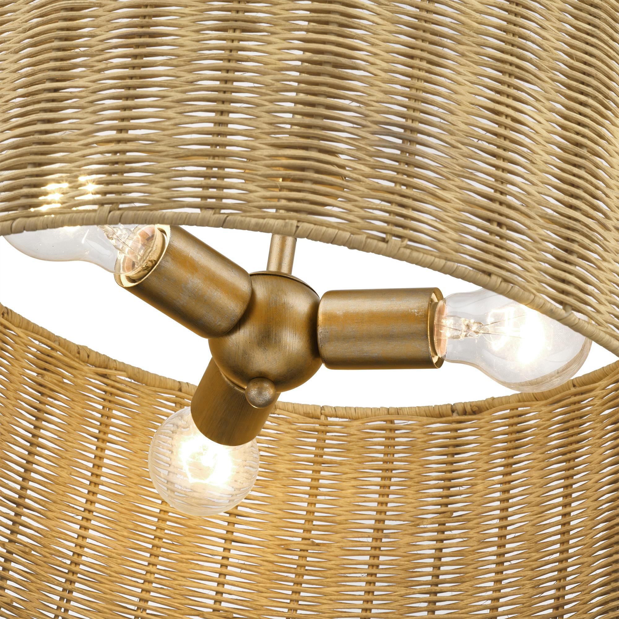 Shown in Antique Gold Leaf finish and Hand-Woven Rustic Walnut Color Rattan shade