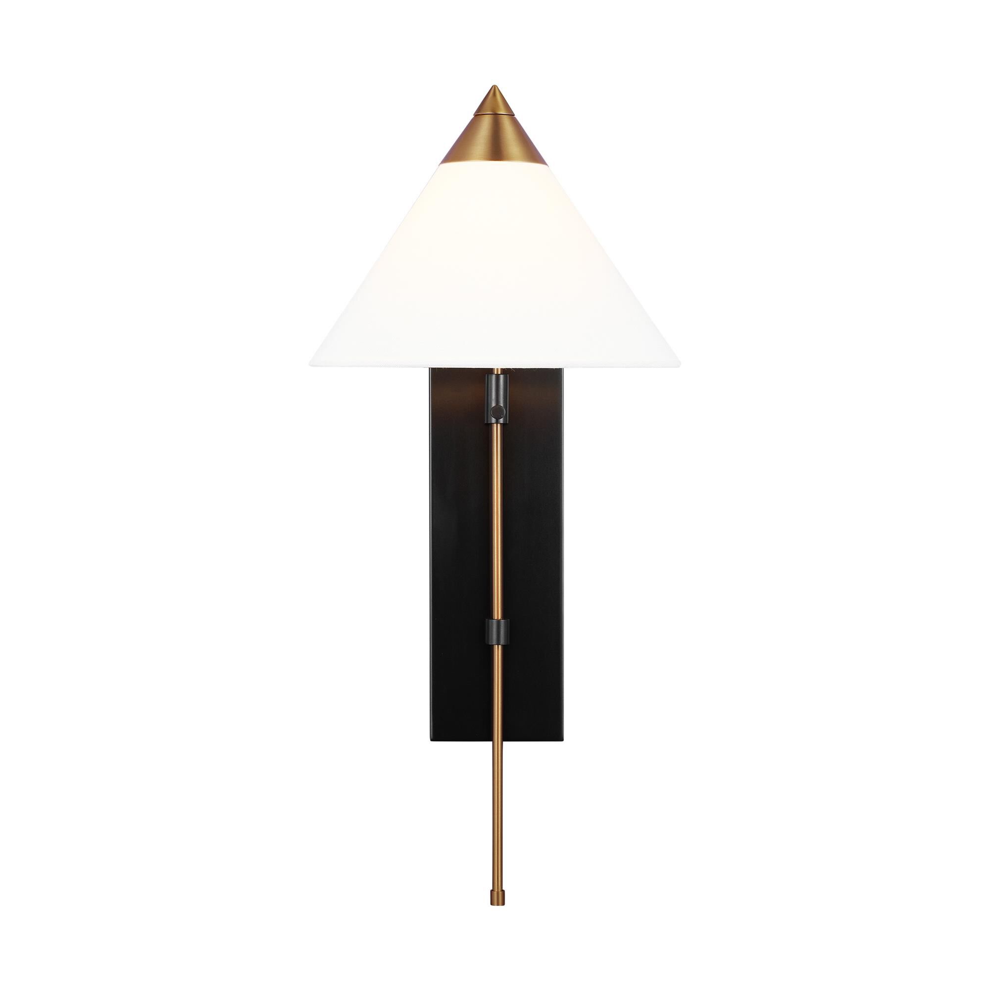 Shown in Burnished Brass finish and White Linen Fabric shade