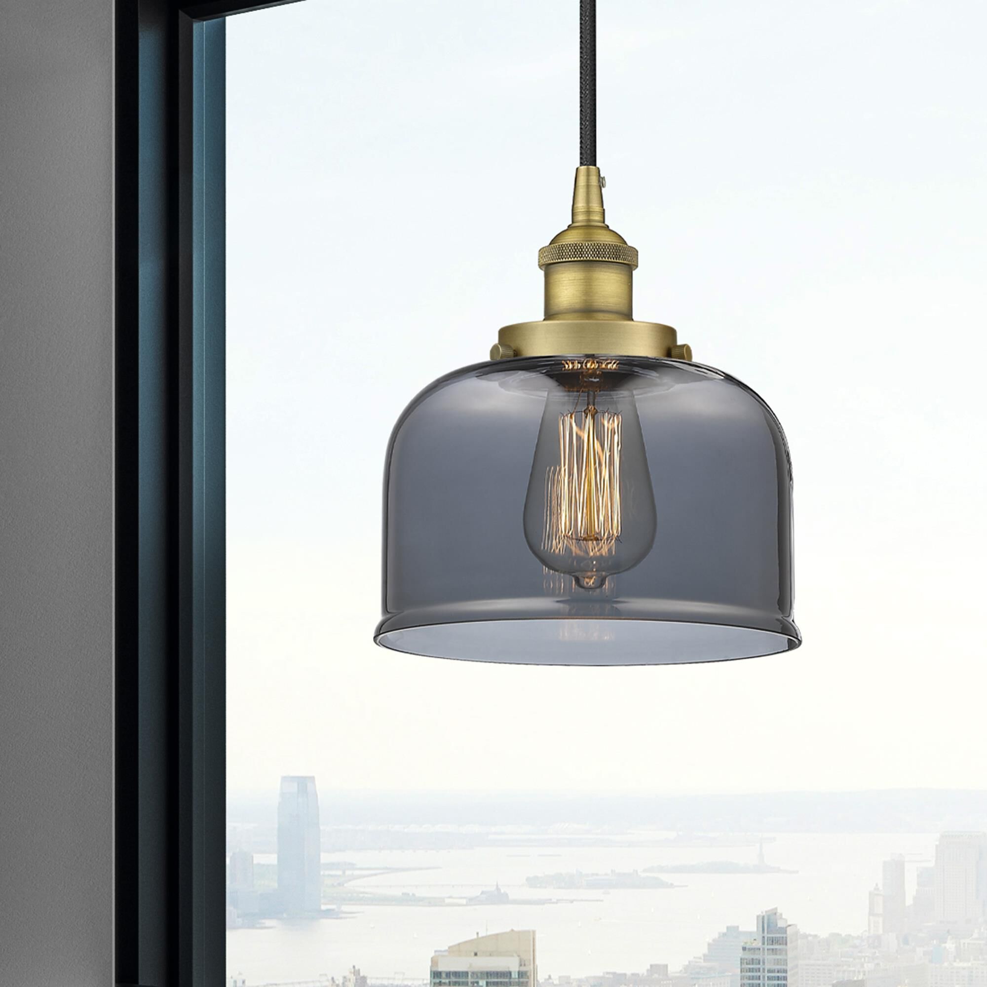 Shown in Brushed Brass finish and Plated Smoke glass