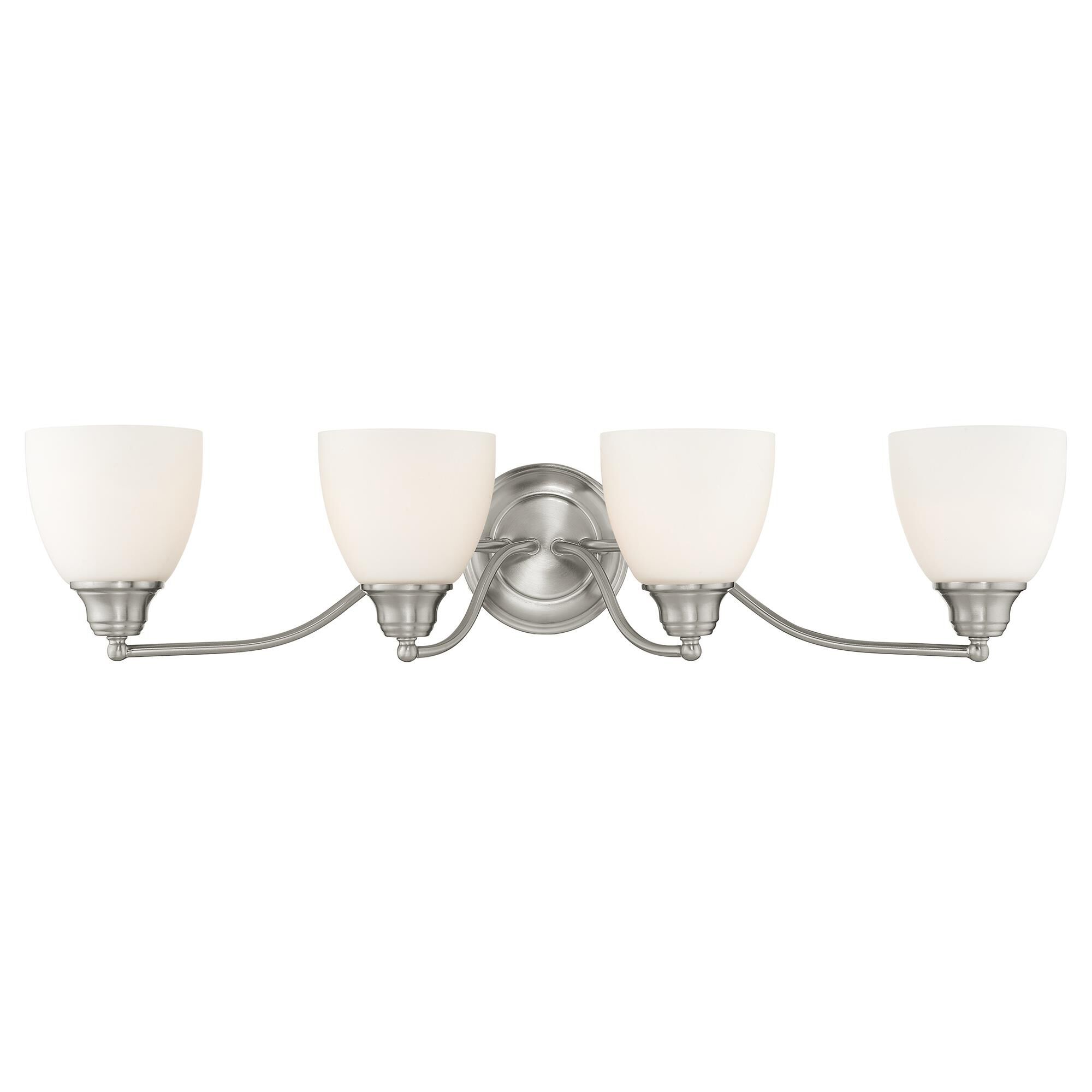 Shown in Brushed Nickel finish and Hand Blown Satin Opal White glass