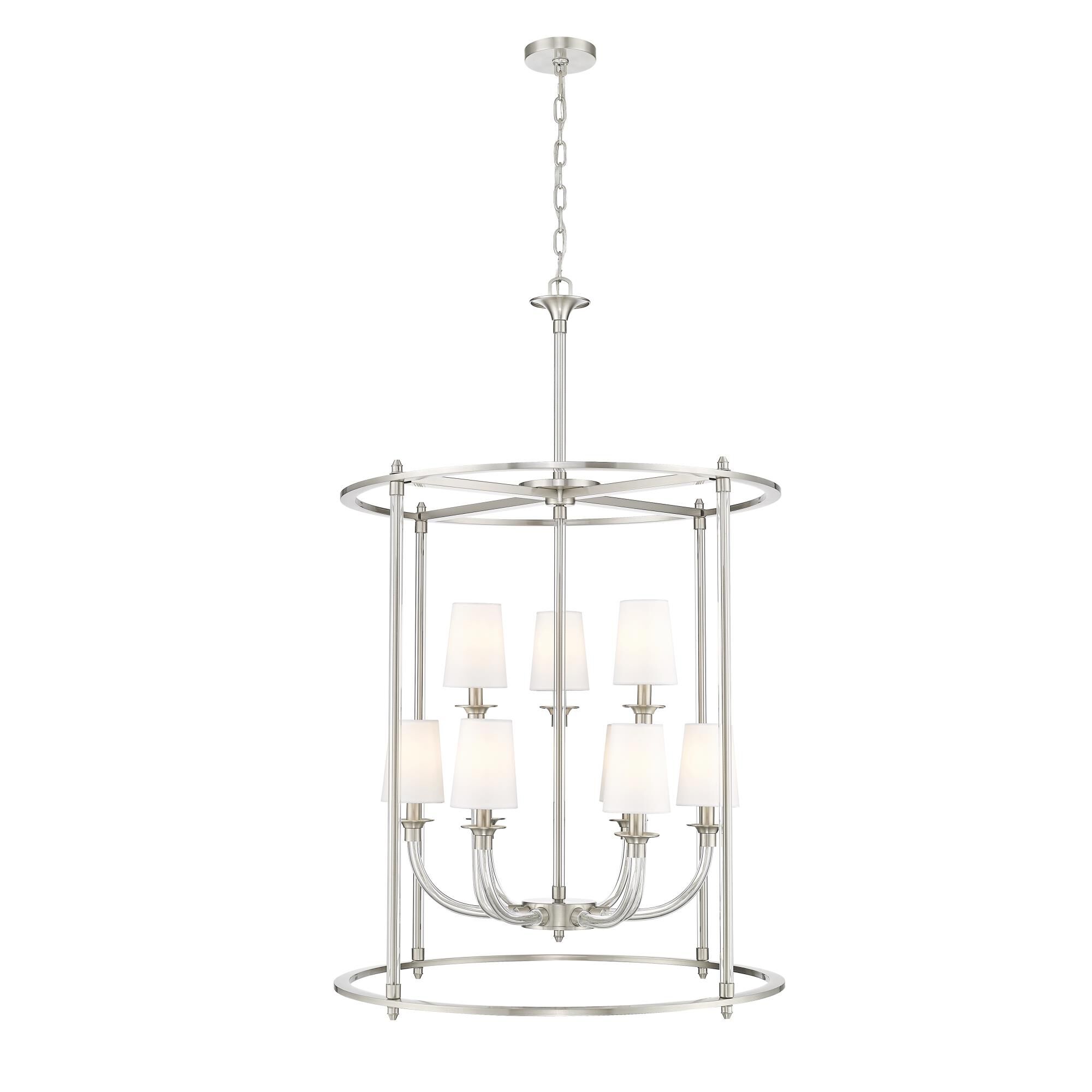 Shown in Brushed Nickel finish and White glass and White shade