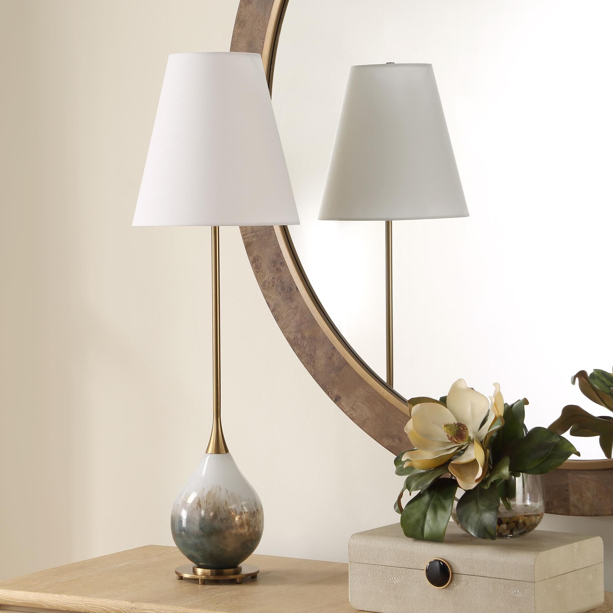 Shown in Brass, Gray, White finish and Round Hardback shade