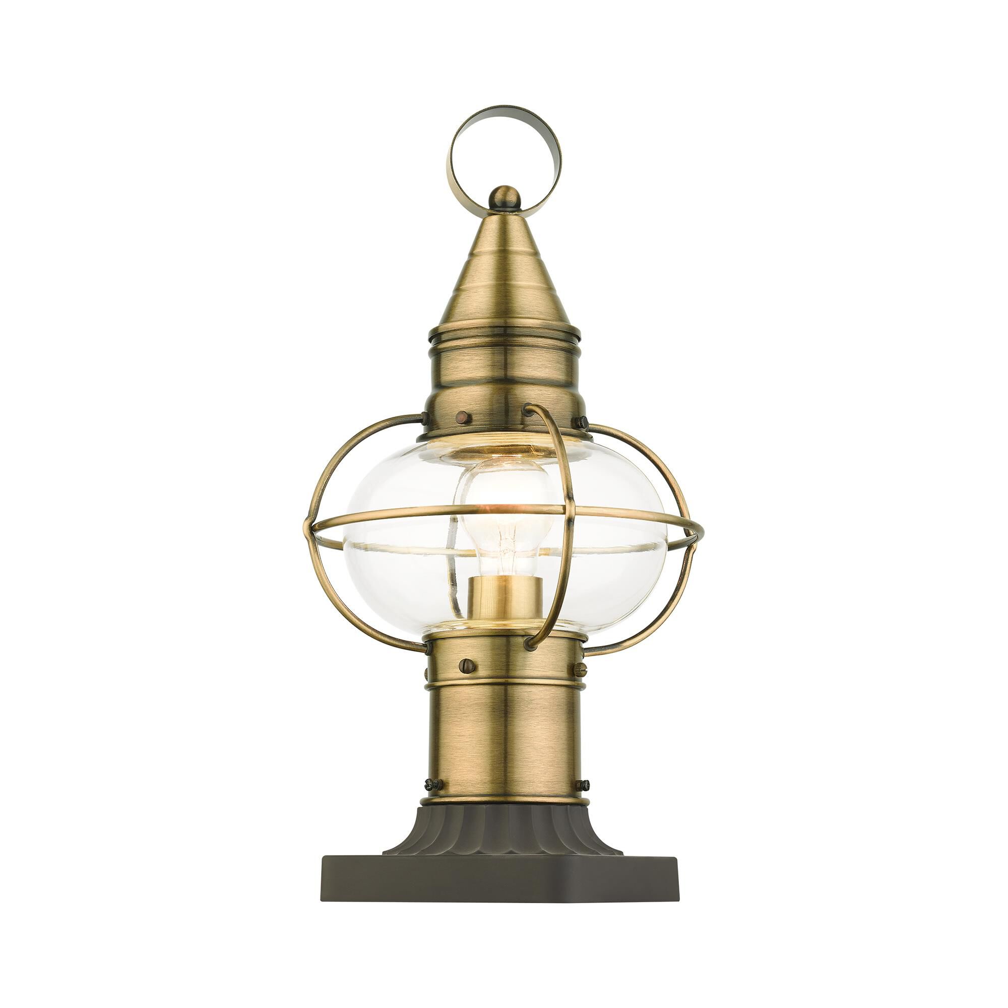 Shown in Antique Brass finish and Hand Blown Clear glass