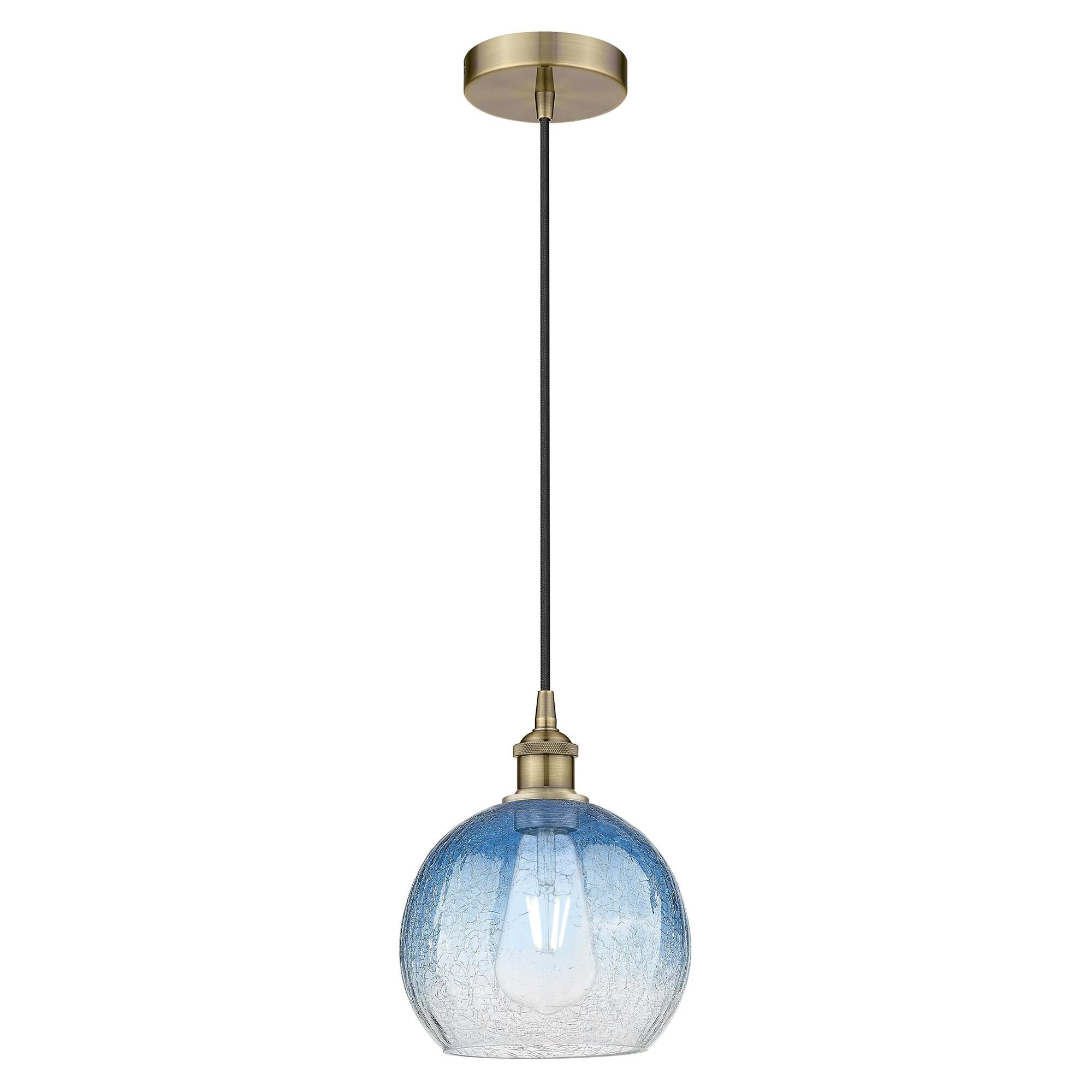 Shown in Antique Brass finish and Sapphire Blue glass