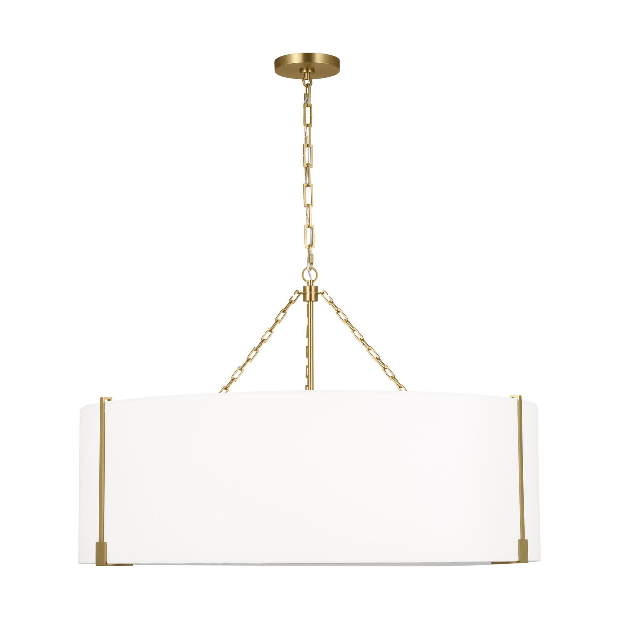 Shown in Burnished Brass finish and White Linen shade