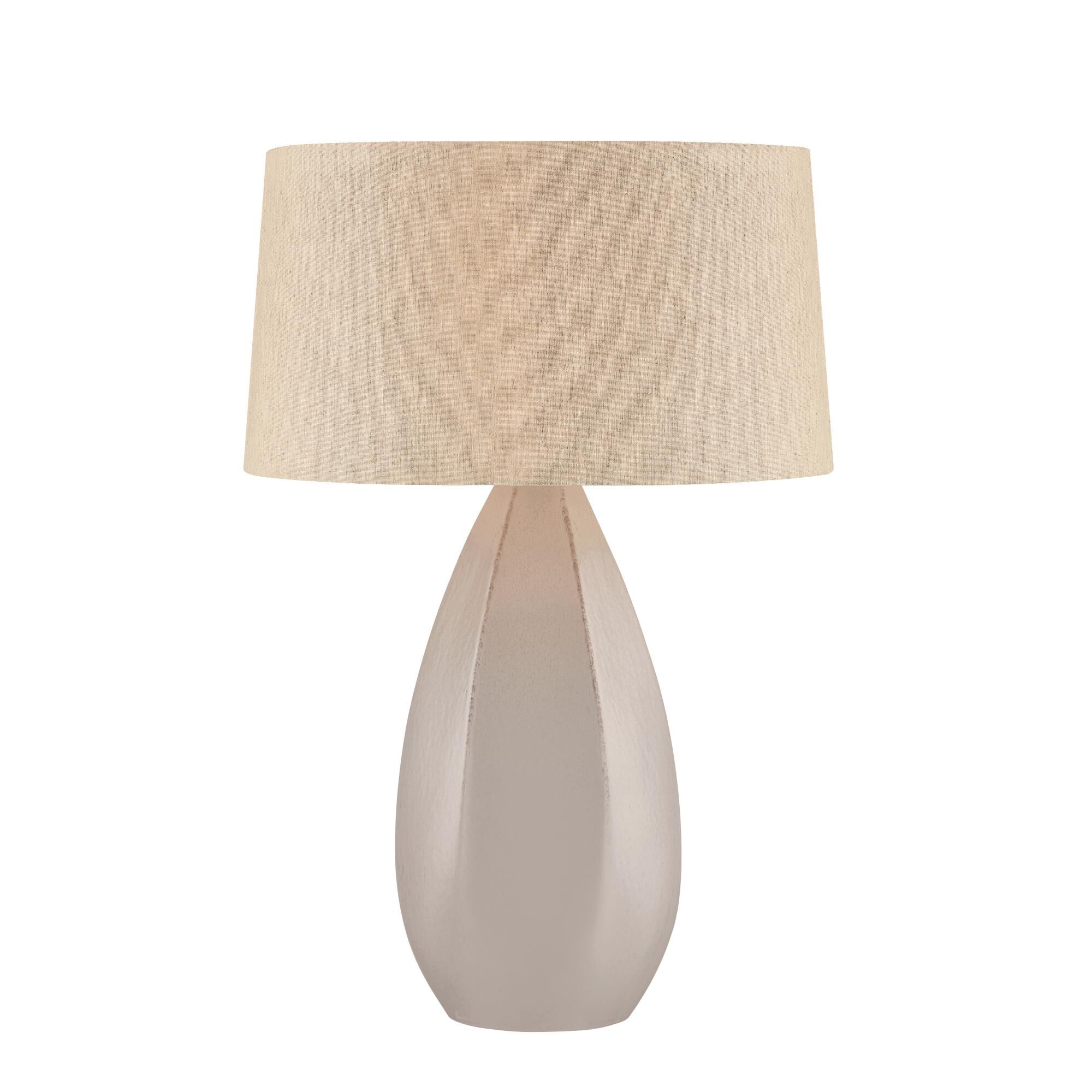 Shown in Aged Brass and Ceramic Dove White finish and Natural Linen shade