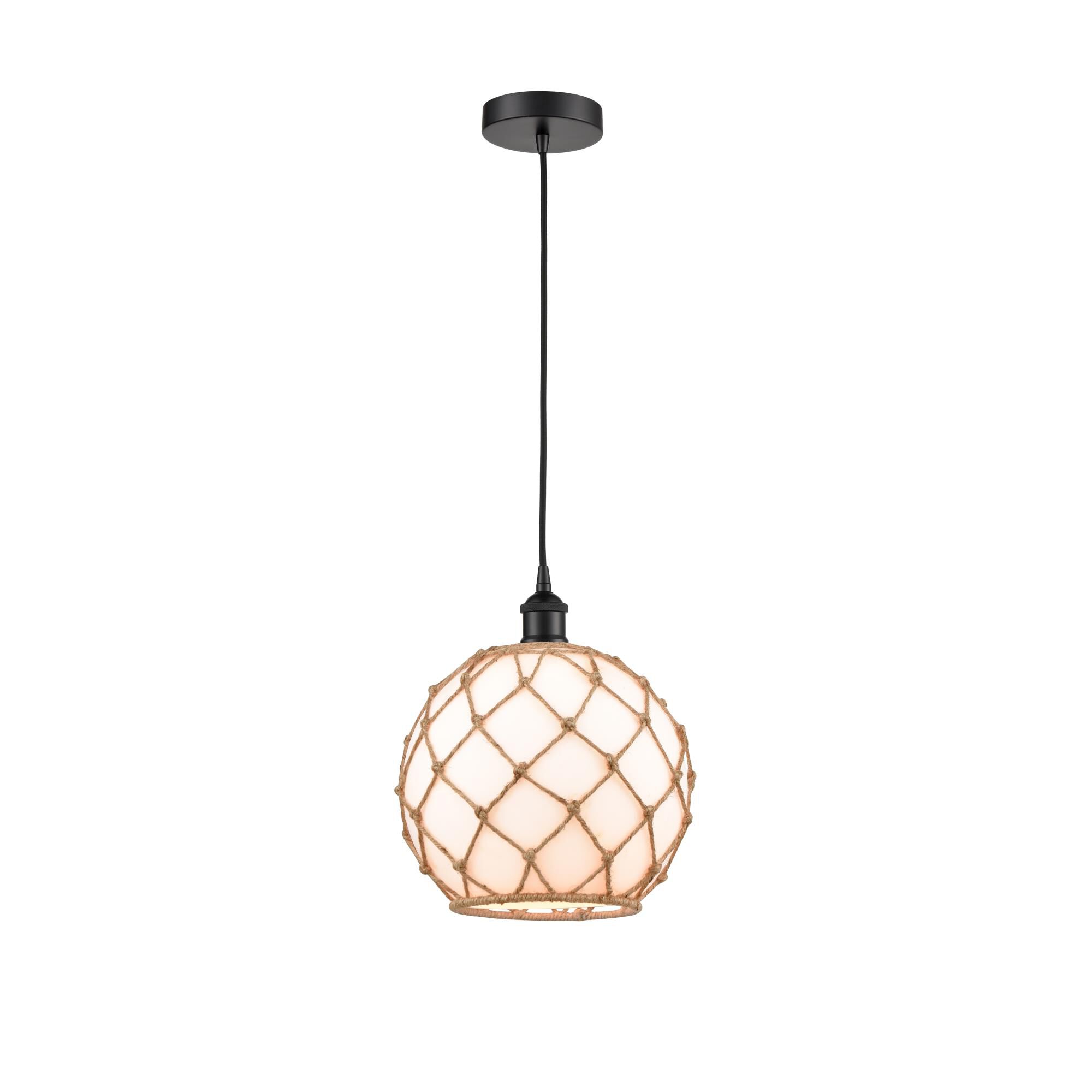 Shown in Matte Black finish and White Large Farmhouse With Brown Rope glass and No Shade shade