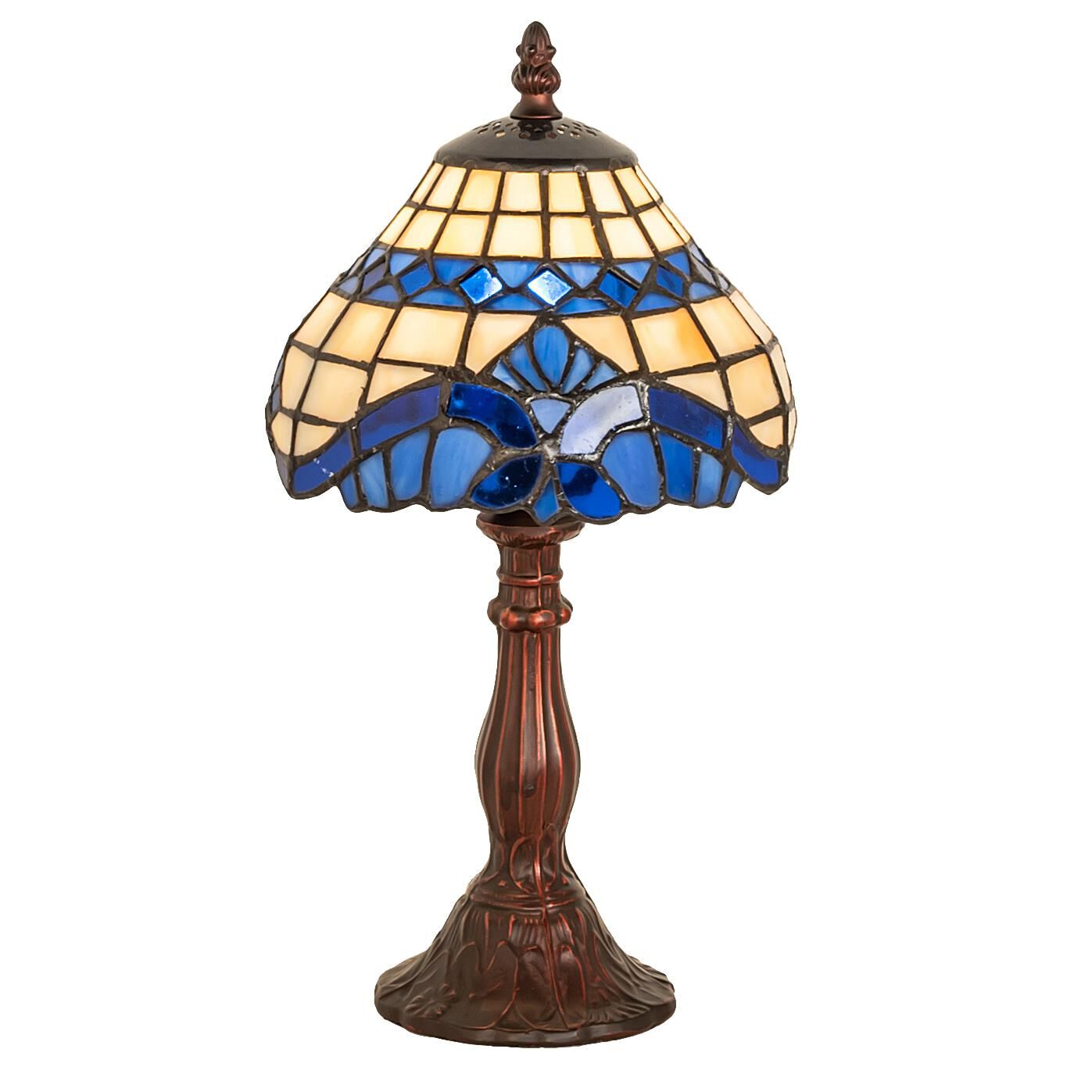 Shown in Mahogany Bronze finish and Beige-Light Blue glass