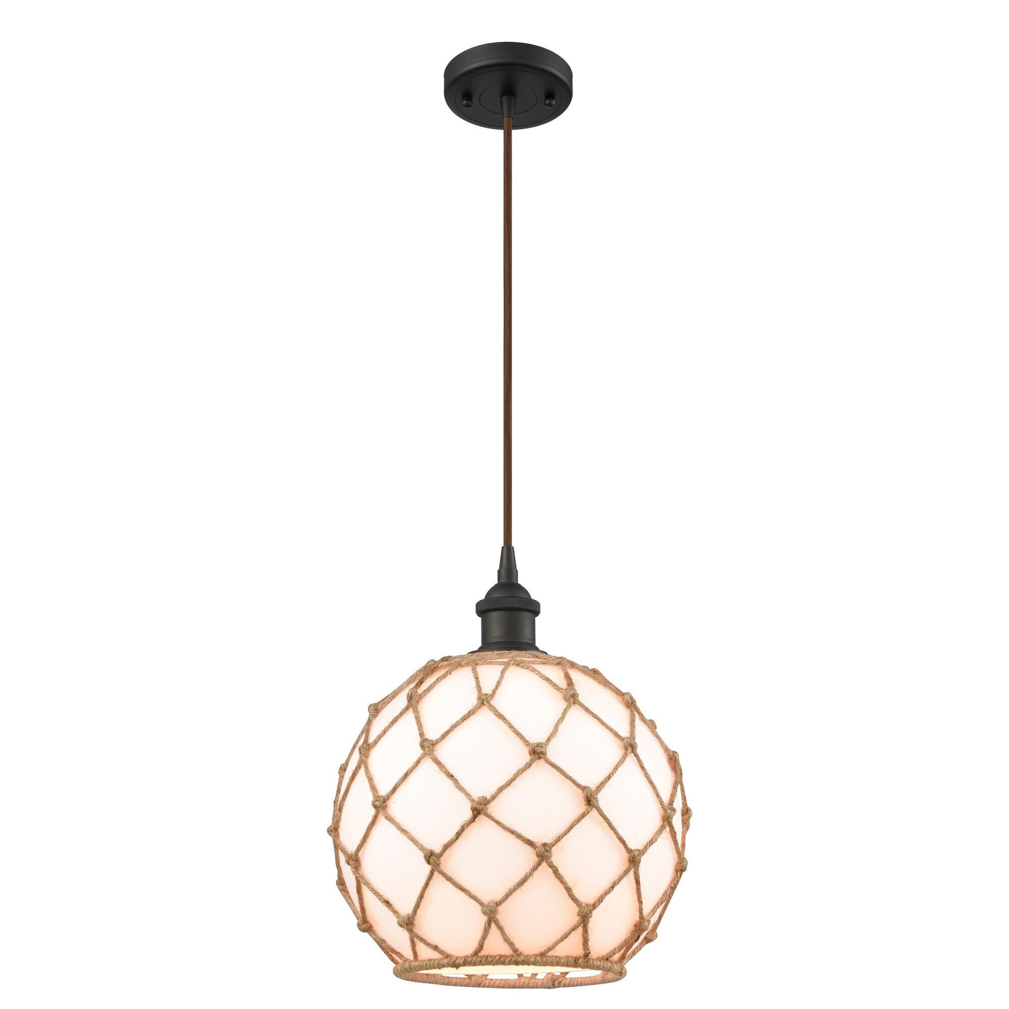 Shown in Oil Rubbed Bronze finish and White With Black Rope glass