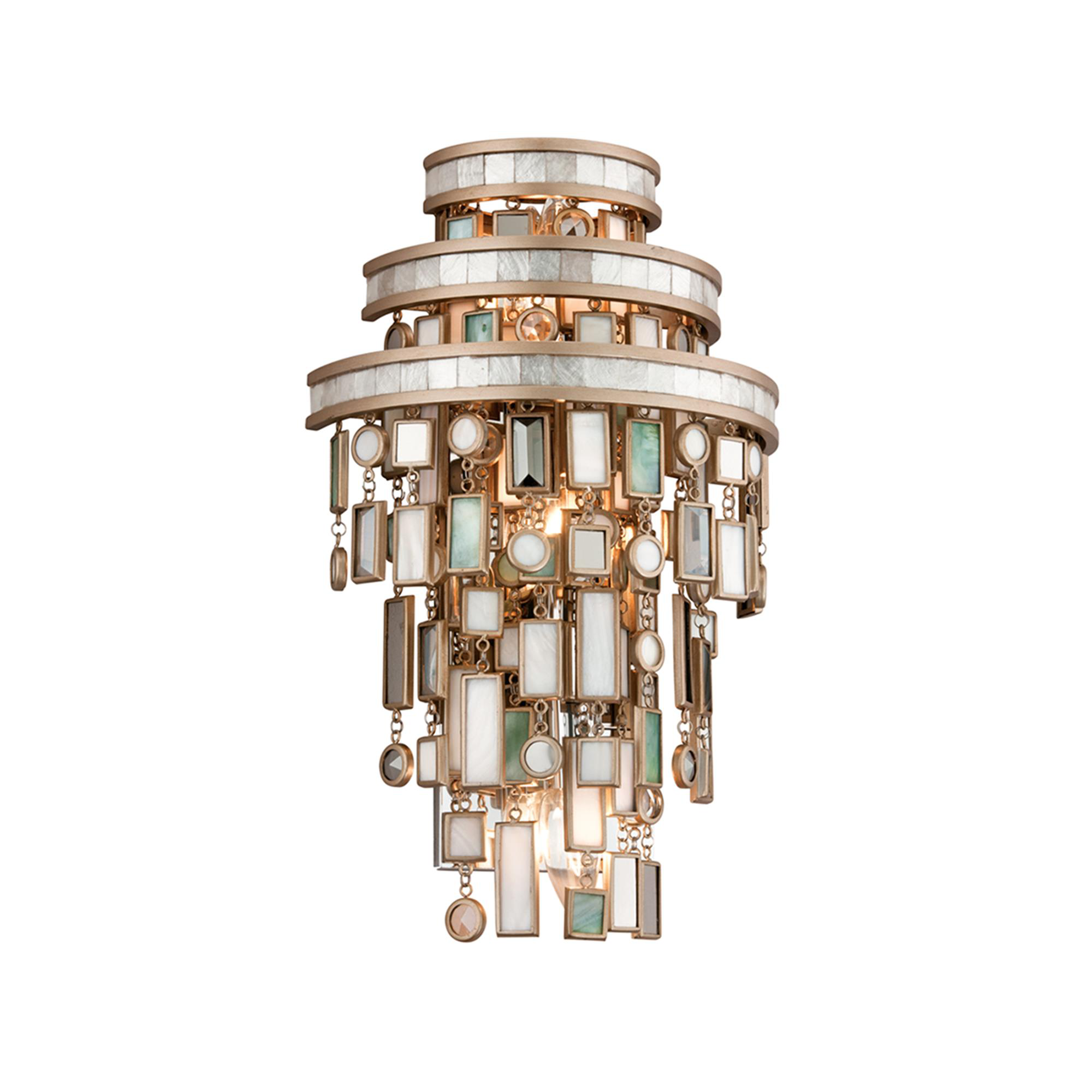 Shown in Dolcetti Silver finish and Mixed glass and Shells, Crystal, Stainless shade and Mixed Shells with Crystal and Stainless Accents accent