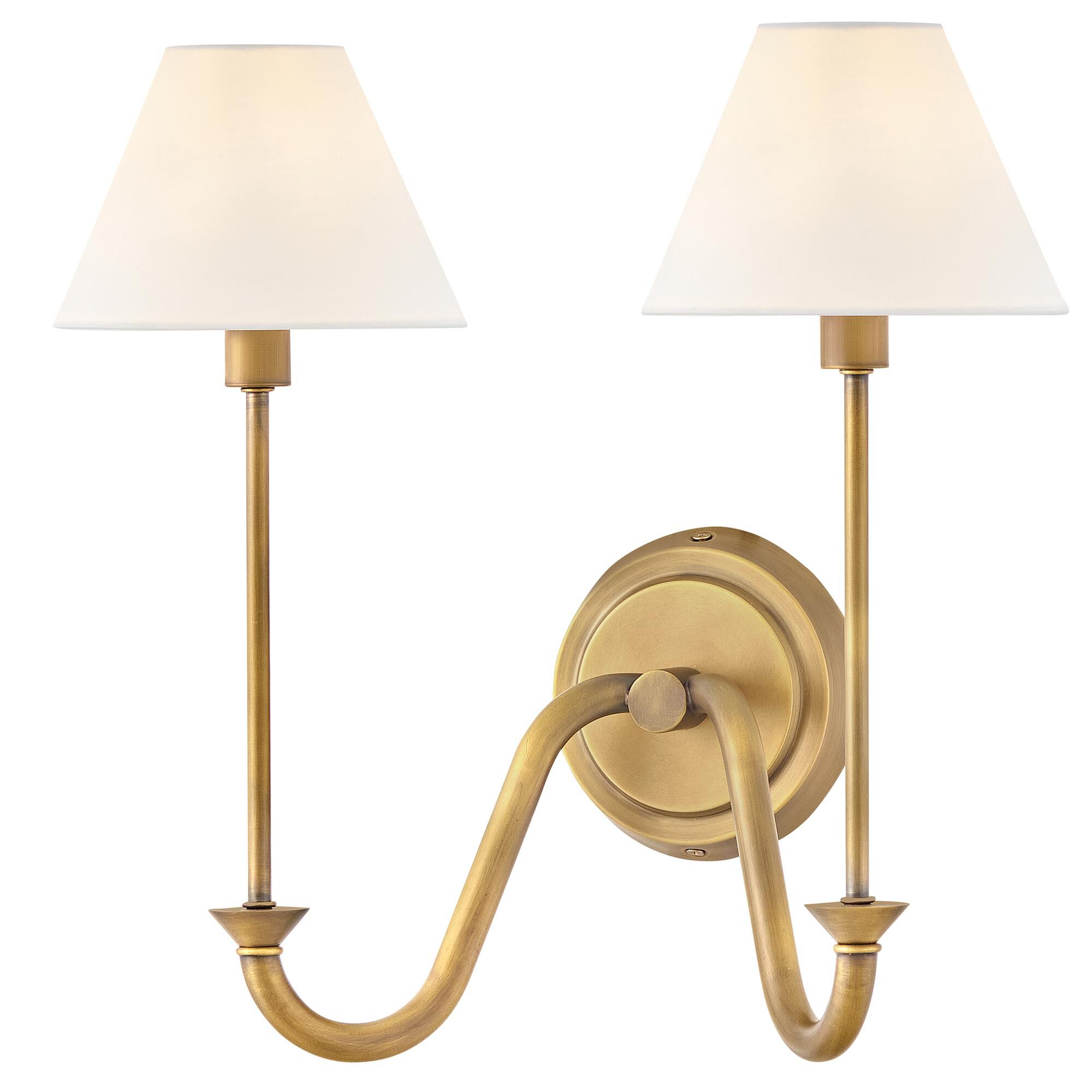 Shown in Heritage Brass finish and Off-White Linen shade